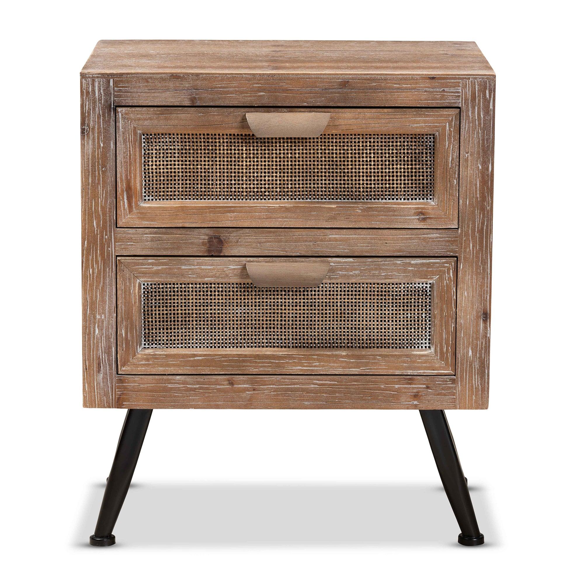 Calida Mid-Century Modern washed Finished Wood and Rattan 2-Drawer End Table
