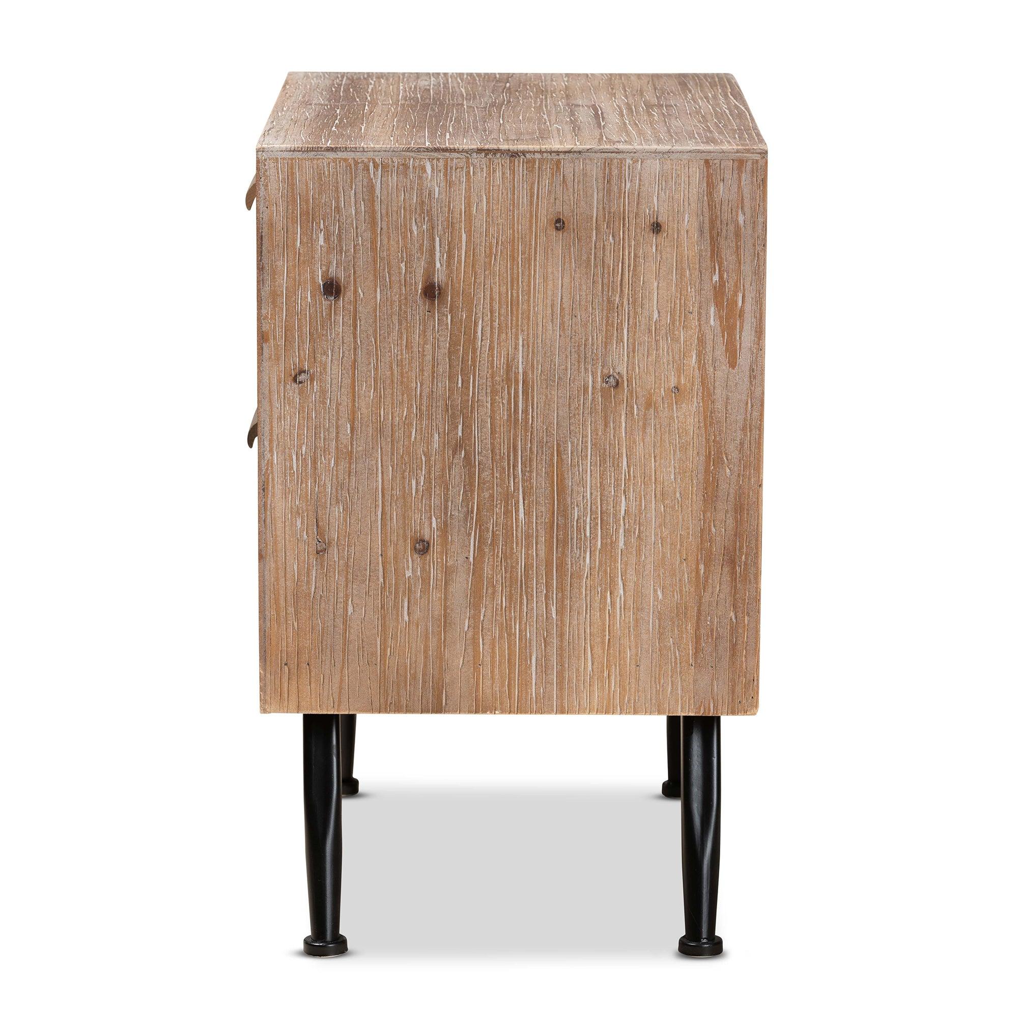 Calida Mid-Century Modern washed Finished Wood and Rattan 2-Drawer End Table