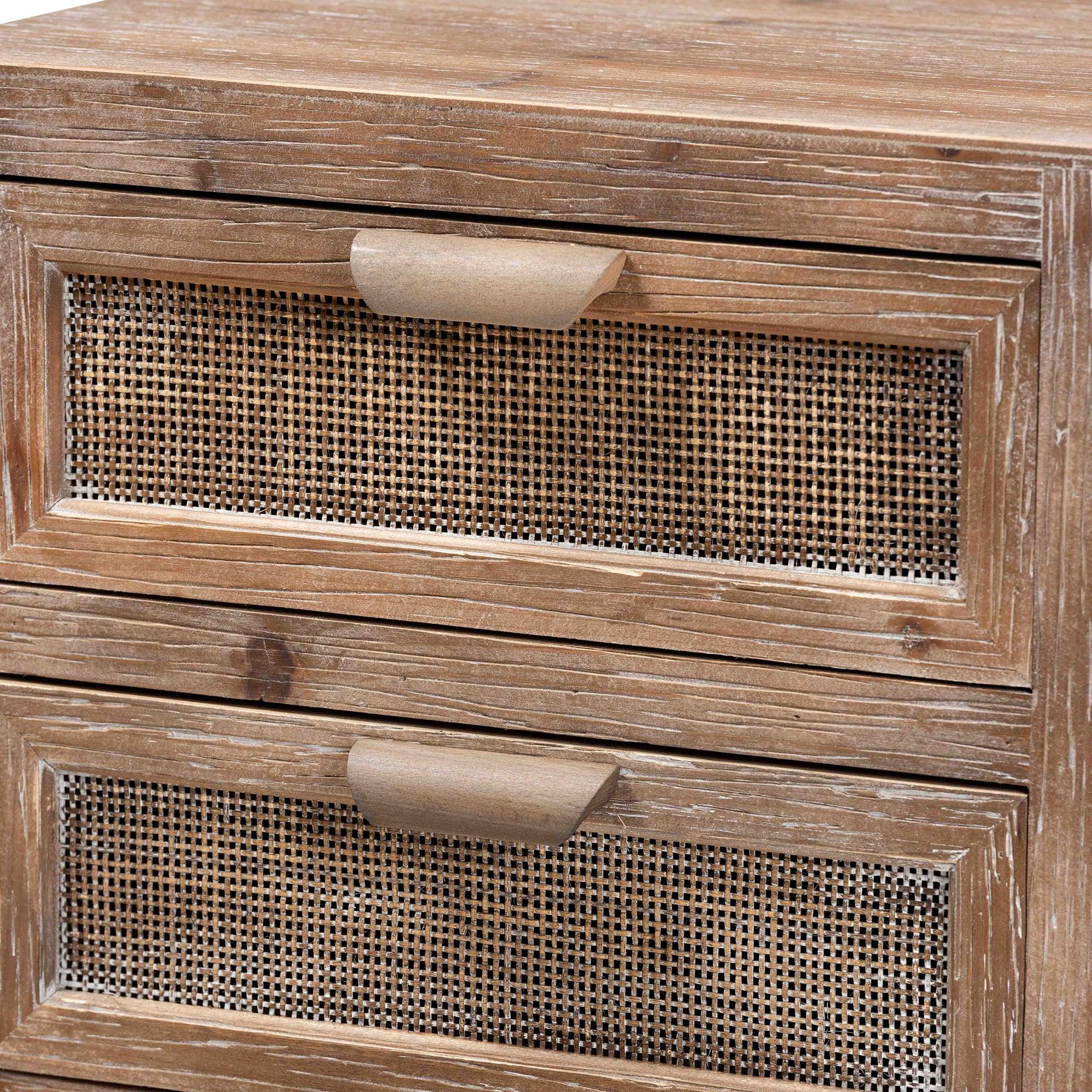 Calida Mid-Century Modern washed Finished Wood and Rattan 2-Drawer End Table
