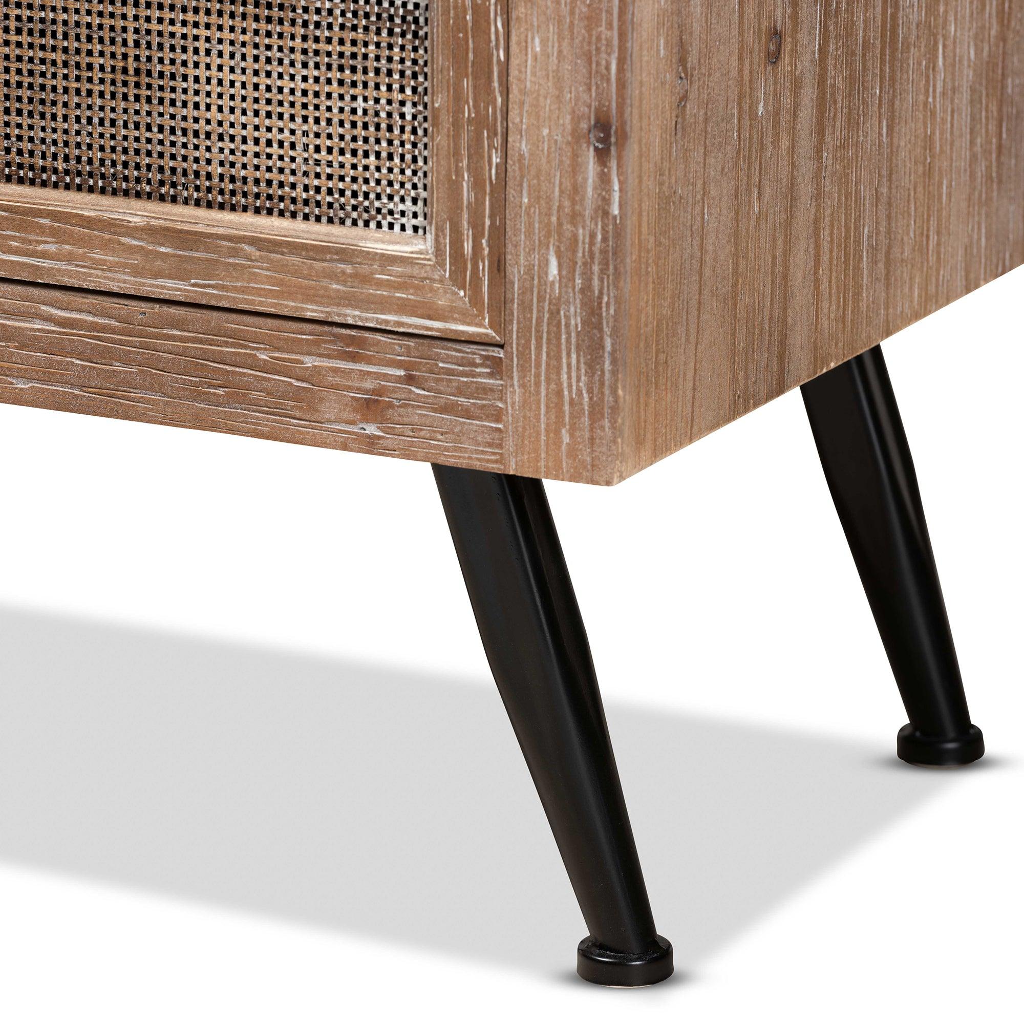 Calida Mid-Century Modern washed Finished Wood and Rattan 2-Drawer End Table