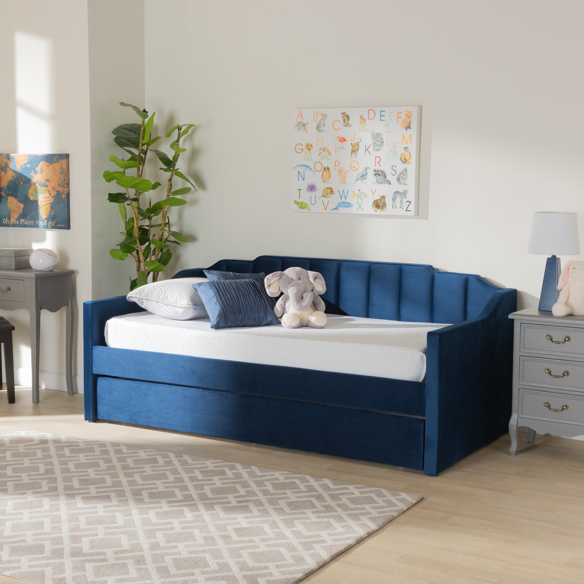 Lennon Modern and Contemporary Velvet Fabric Upholstered Daybed with Trundle