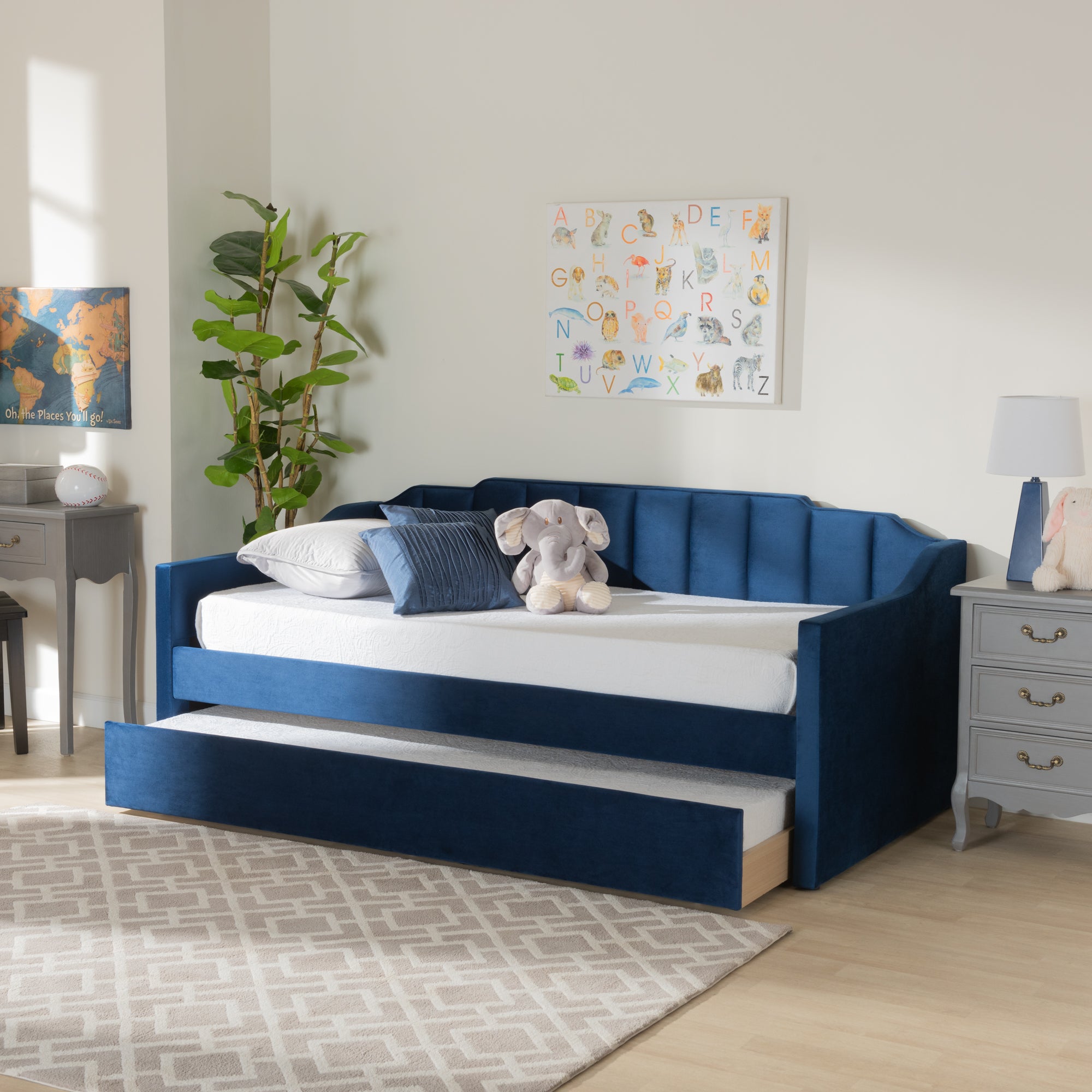 Lennon Modern and Contemporary Velvet Fabric Upholstered Daybed with Trundle