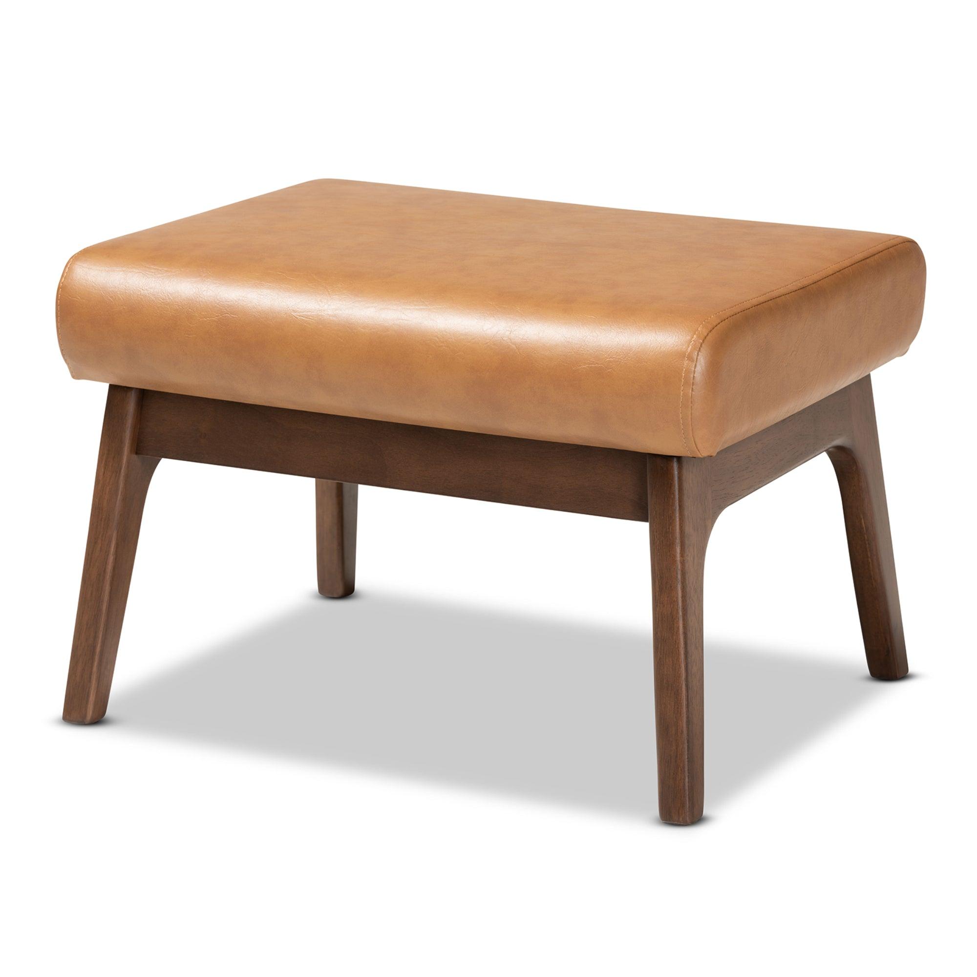Bianca Mid-Century Modern Finished Wood and Faux Leather Effect Ottoman
