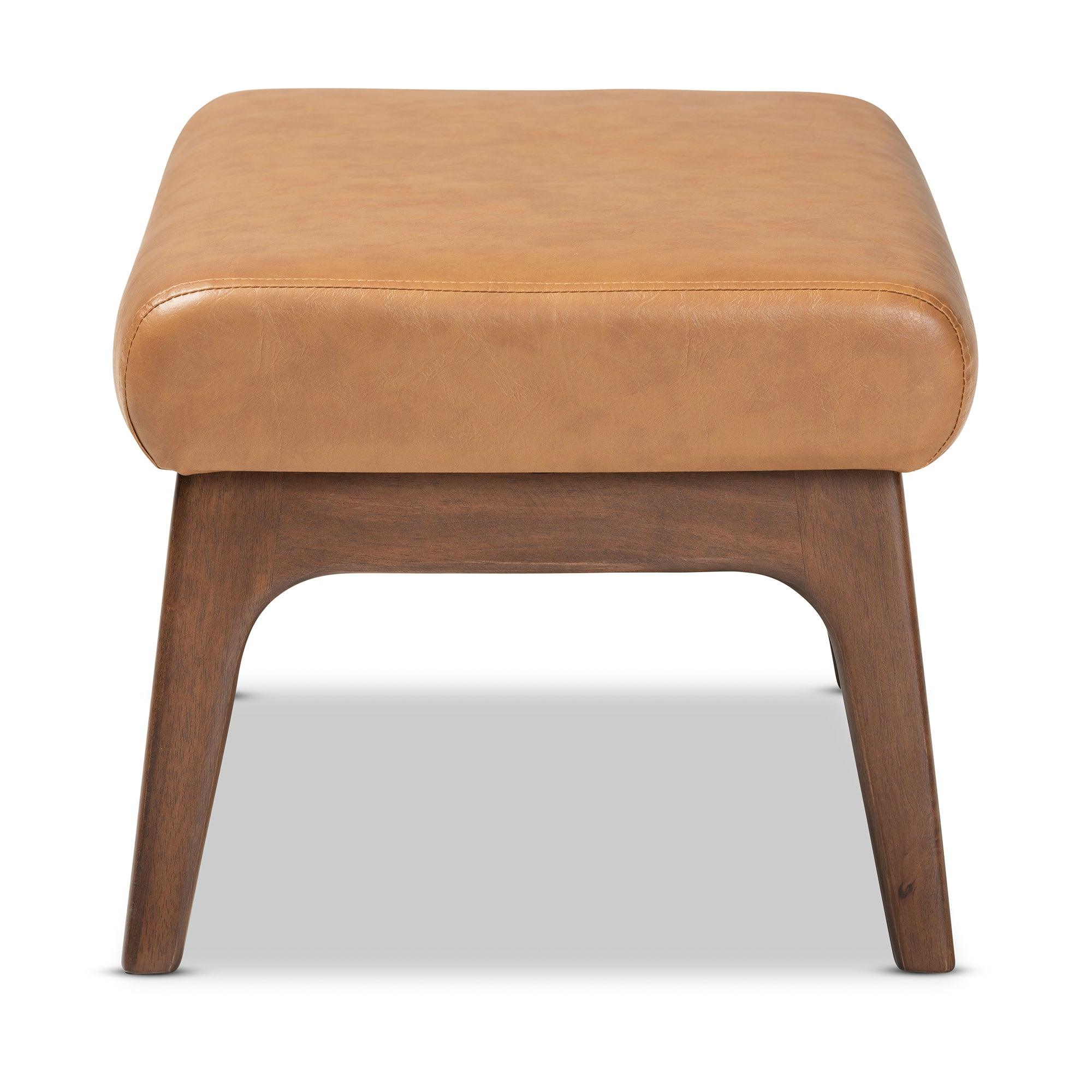 Bianca Mid-Century Modern Finished Wood and Faux Leather Effect Ottoman