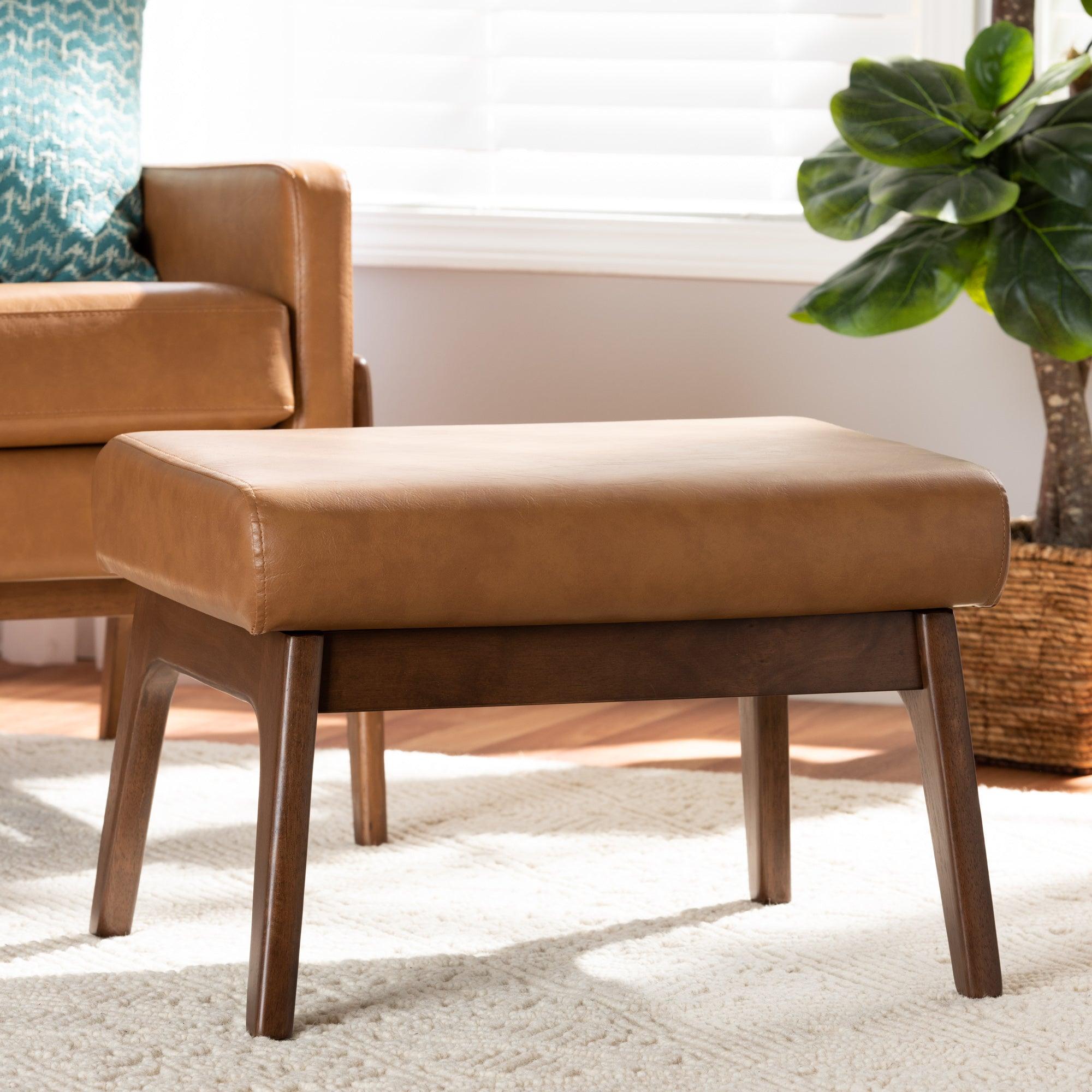 Bianca Mid-Century Modern Finished Wood and Faux Leather Effect Ottoman