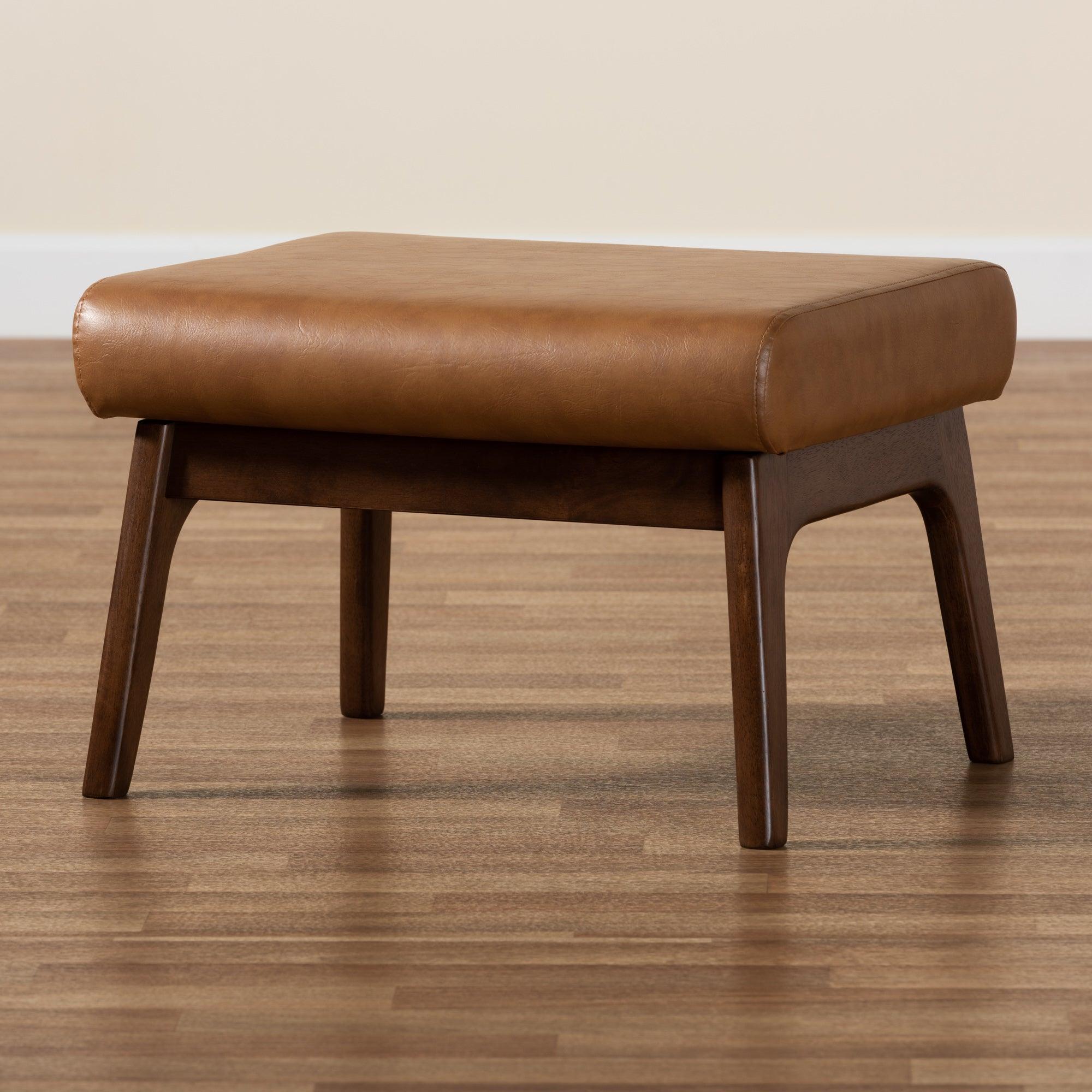 Bianca Mid-Century Modern Finished Wood and Faux Leather Effect Ottoman