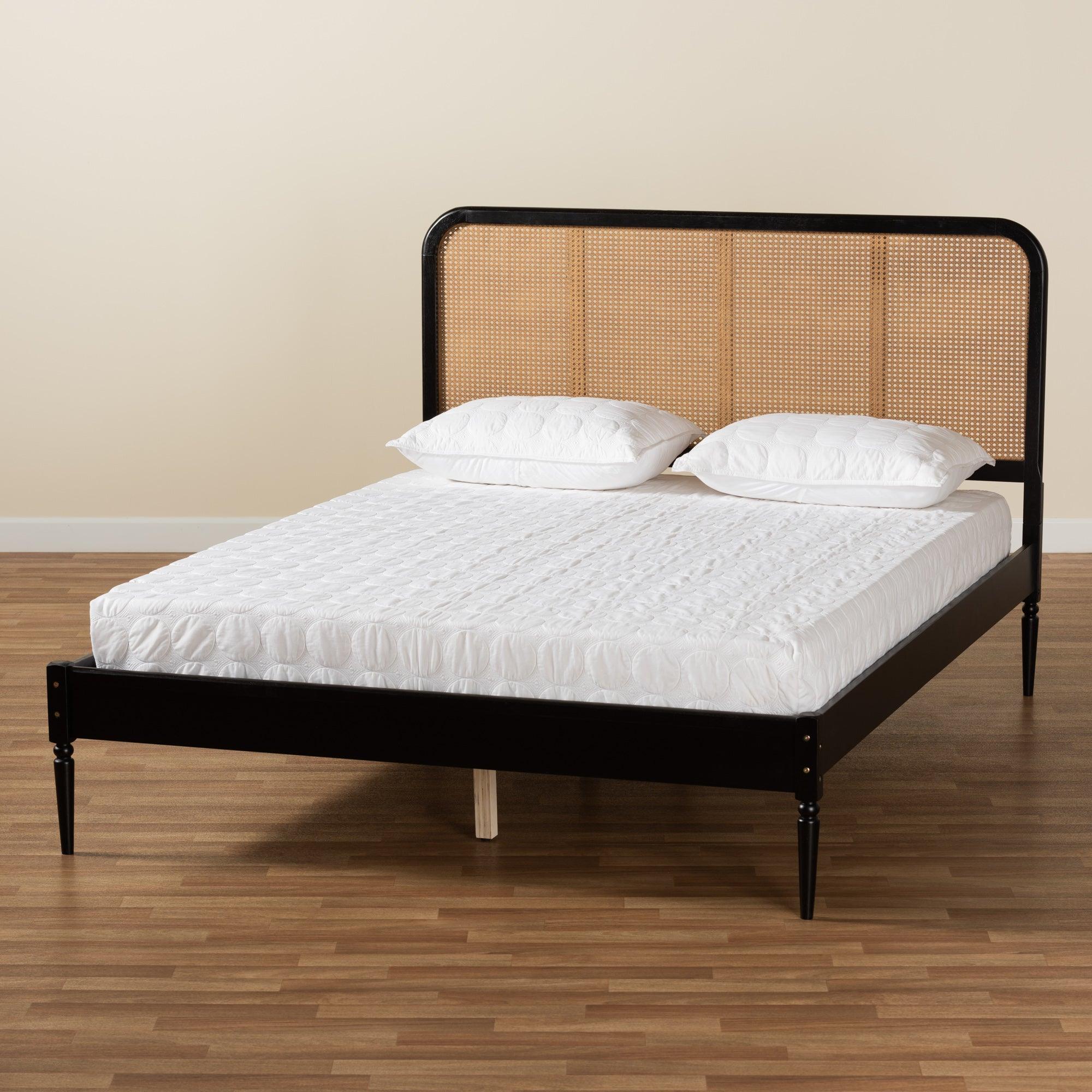 Elston Mid-Century Modern Finished Wood and Synthetic Rattan Platform Bed