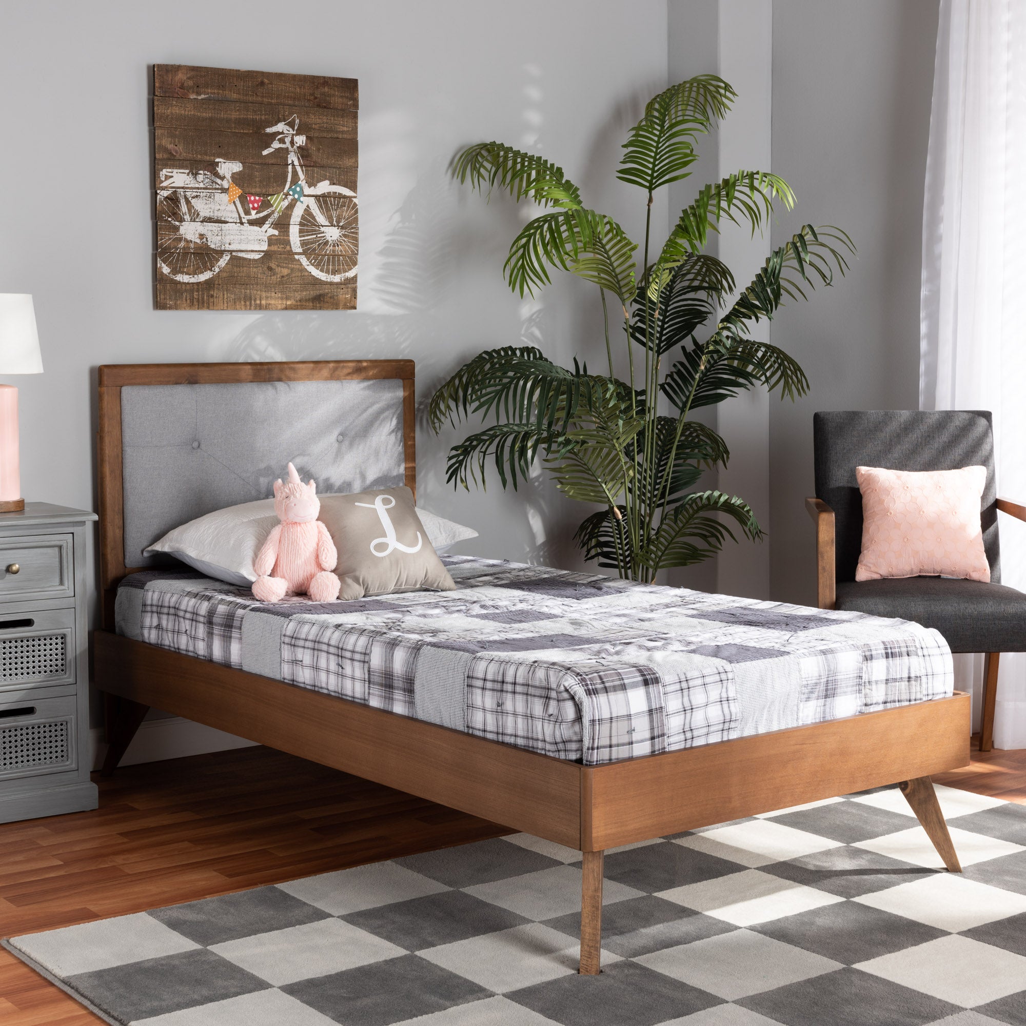 Laima Mid-Century Modern Fabric Upholstered and Finished Wood Platform Bed