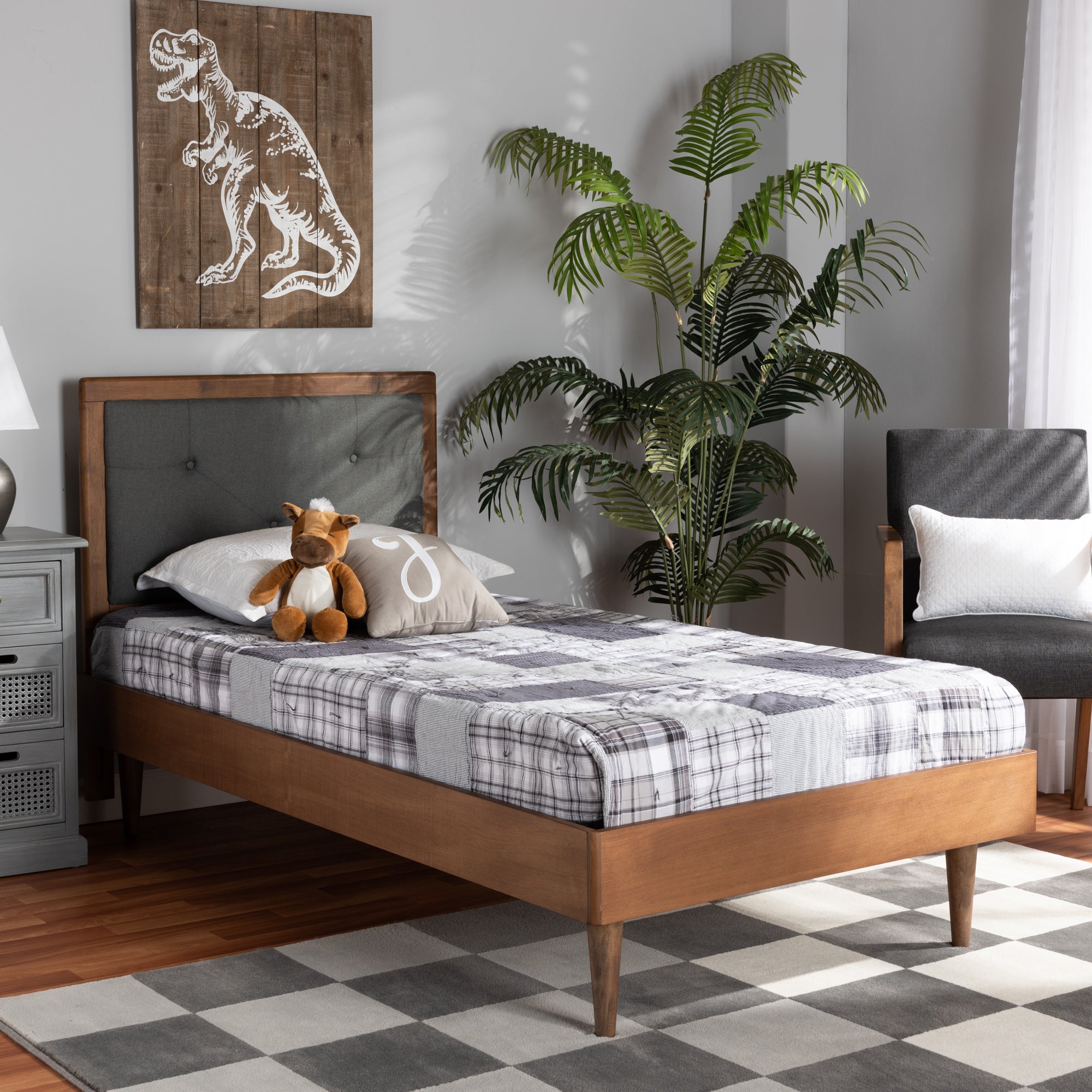 Saul Mid-Century Modern Fabric Upholstered and Finished Wood Platform Bed