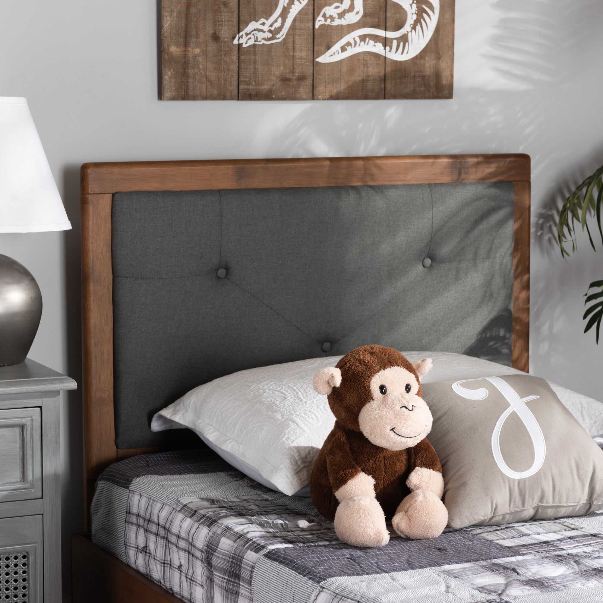 Abner Modern and Contemporary Transitional Fabric Upholstered and Finished Wood Headboard