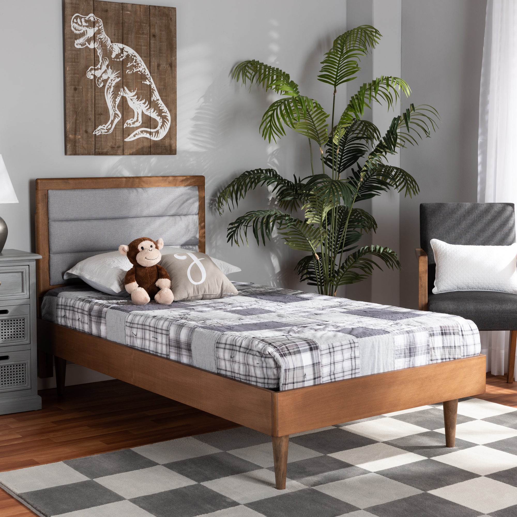 Seren Mid-Century Modern Fabric Upholstered and Finished Wood Platform Bed