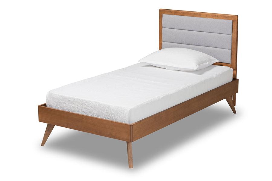 Linn Mid-Century Modern Light Fabric Upholstered and Finished Wood Platform Bed