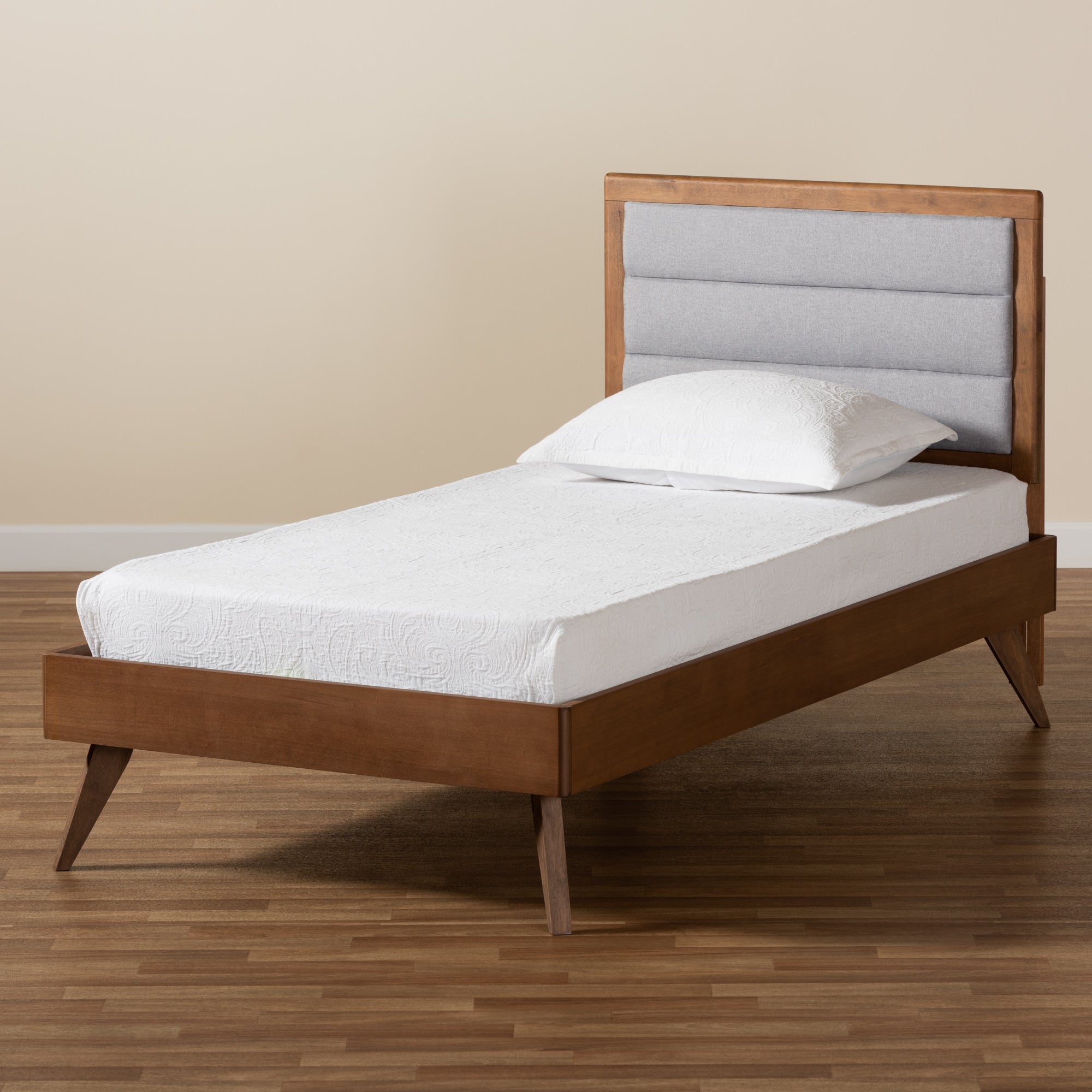Linn Mid-Century Modern Fabric Upholstered and Finished Wood Platform Bed