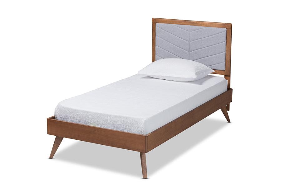 Roze Mid-Century Modern Light Fabric Upholstered and brown Finished Wood Platform Bed