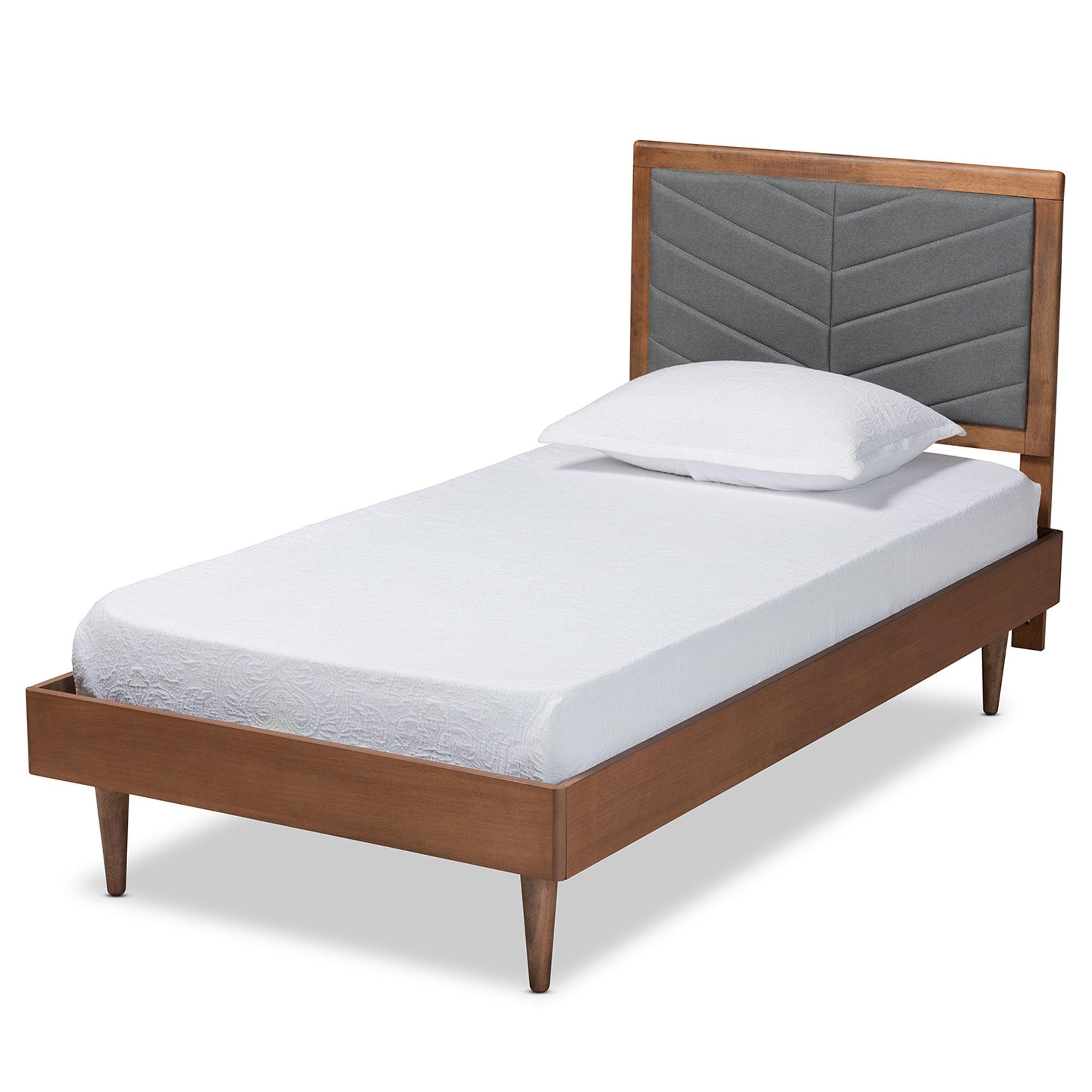 Tasha Mid-Century Modern Dark Fabric Upholstered and brown Finished Wood Platform Bed