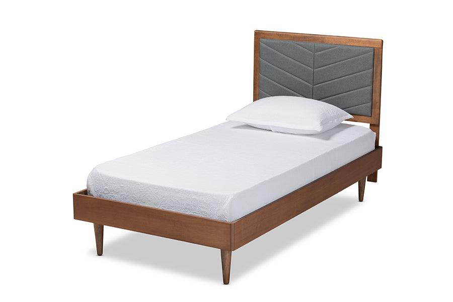 Tasha Mid-Century Modern Dark Fabric Upholstered and brown Finished Wood Platform Bed