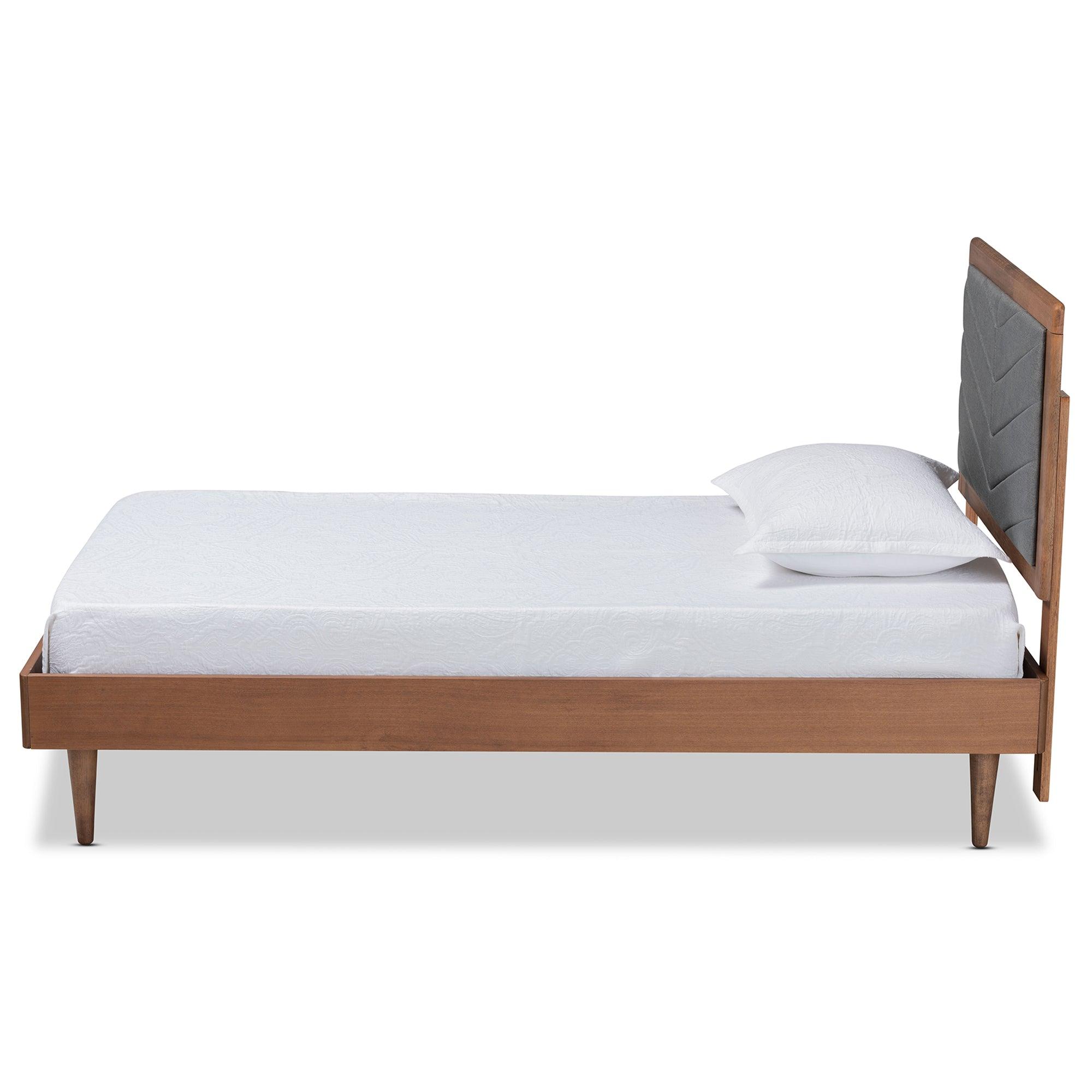 Tasha Mid-Century Modern Dark Fabric Upholstered and brown Finished Wood Platform Bed