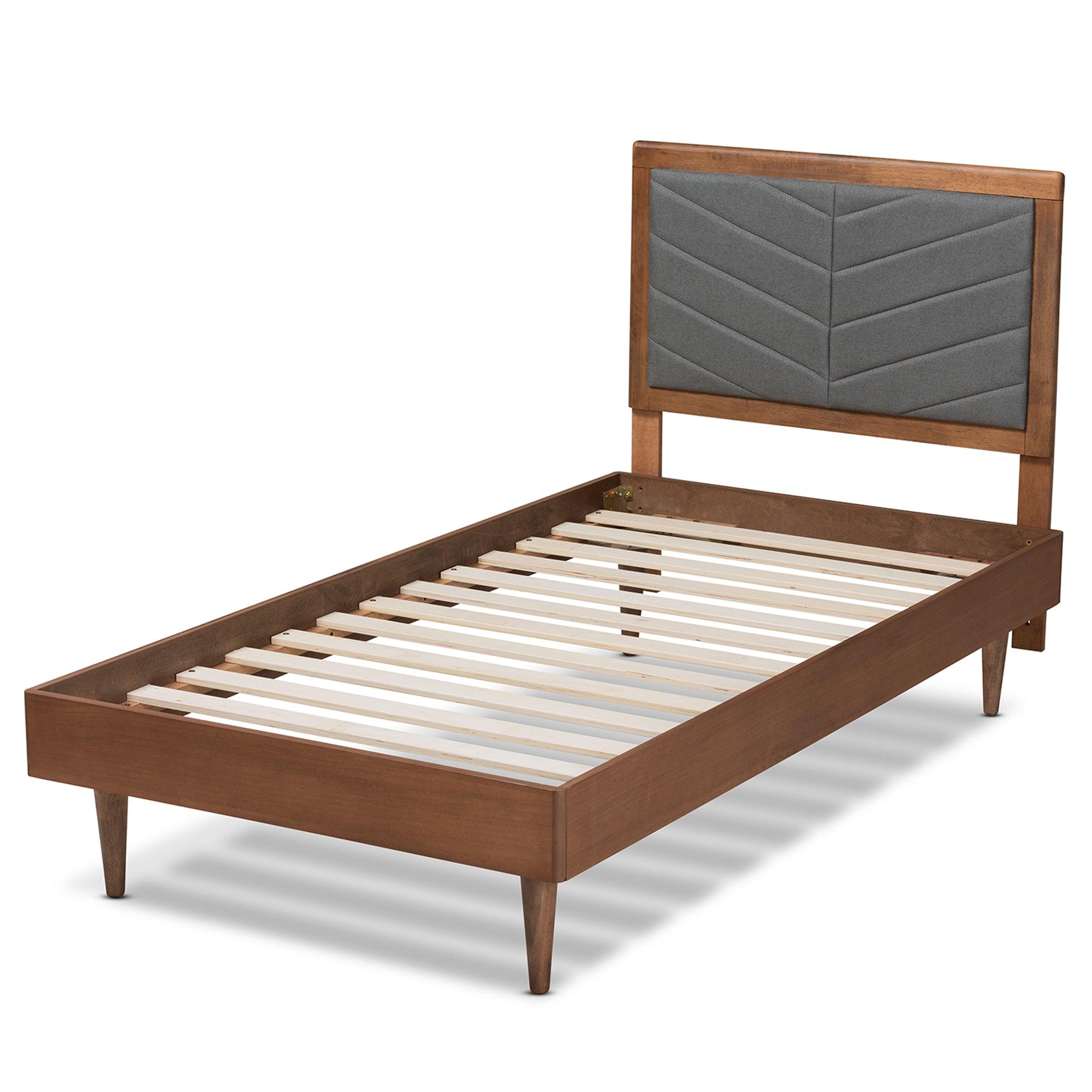 Tasha Mid-Century Modern Dark Fabric Upholstered and brown Finished Wood Platform Bed