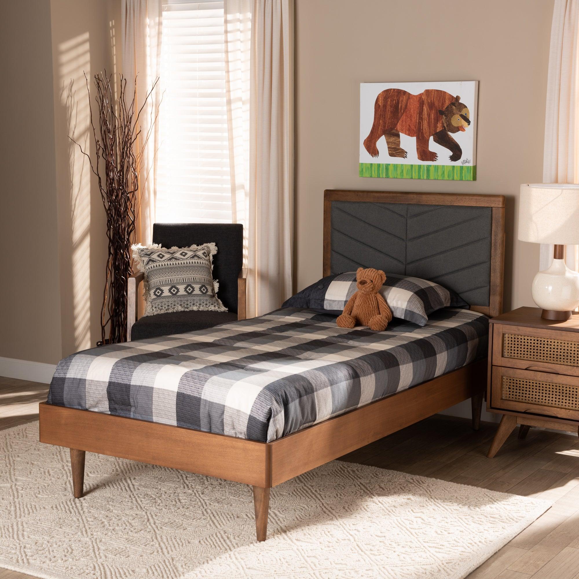 Tasha Mid-Century Modern Dark Fabric Upholstered and brown Finished Wood Platform Bed