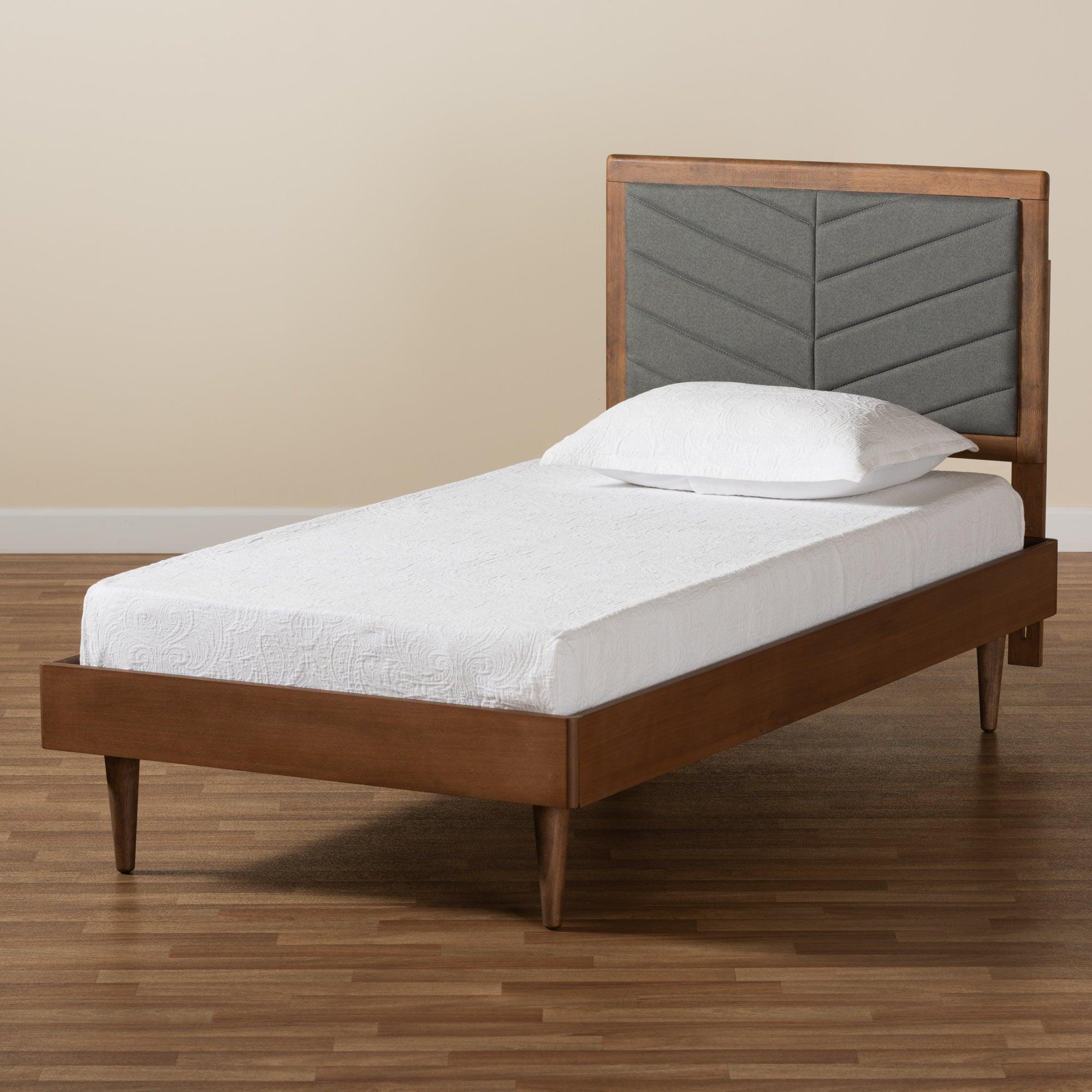 Tasha Mid-Century Modern Dark Fabric Upholstered and brown Finished Wood Platform Bed