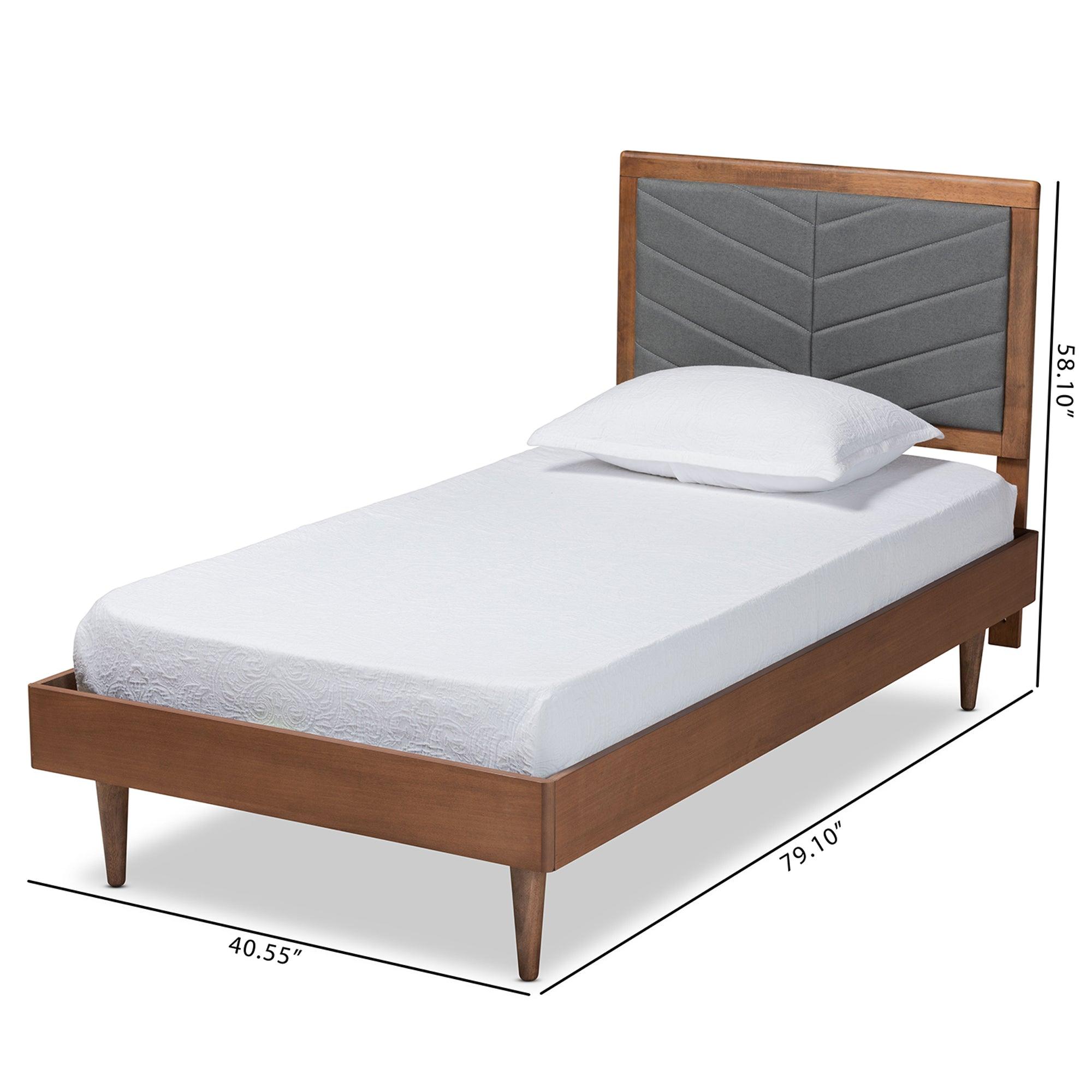 Tasha Mid-Century Modern Dark Fabric Upholstered and brown Finished Wood Platform Bed