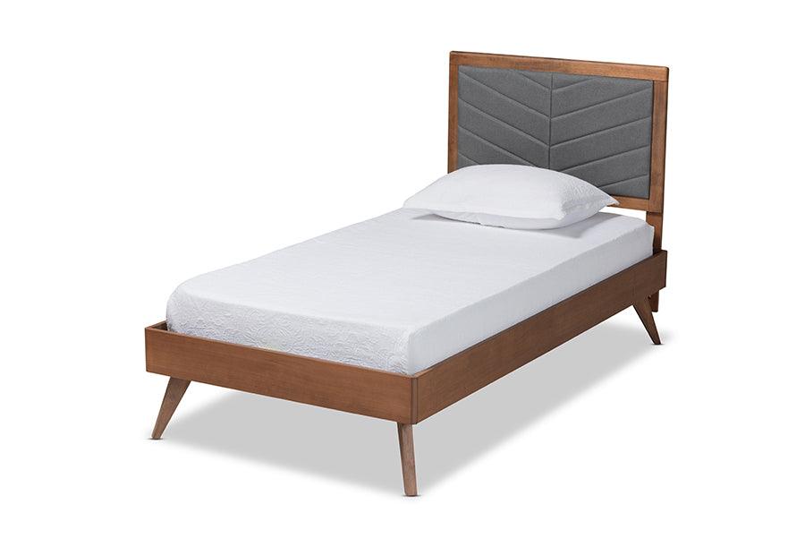Roze Mid-Century Modern Dark Fabric Upholstered and brown Finished Wood Platform Bed