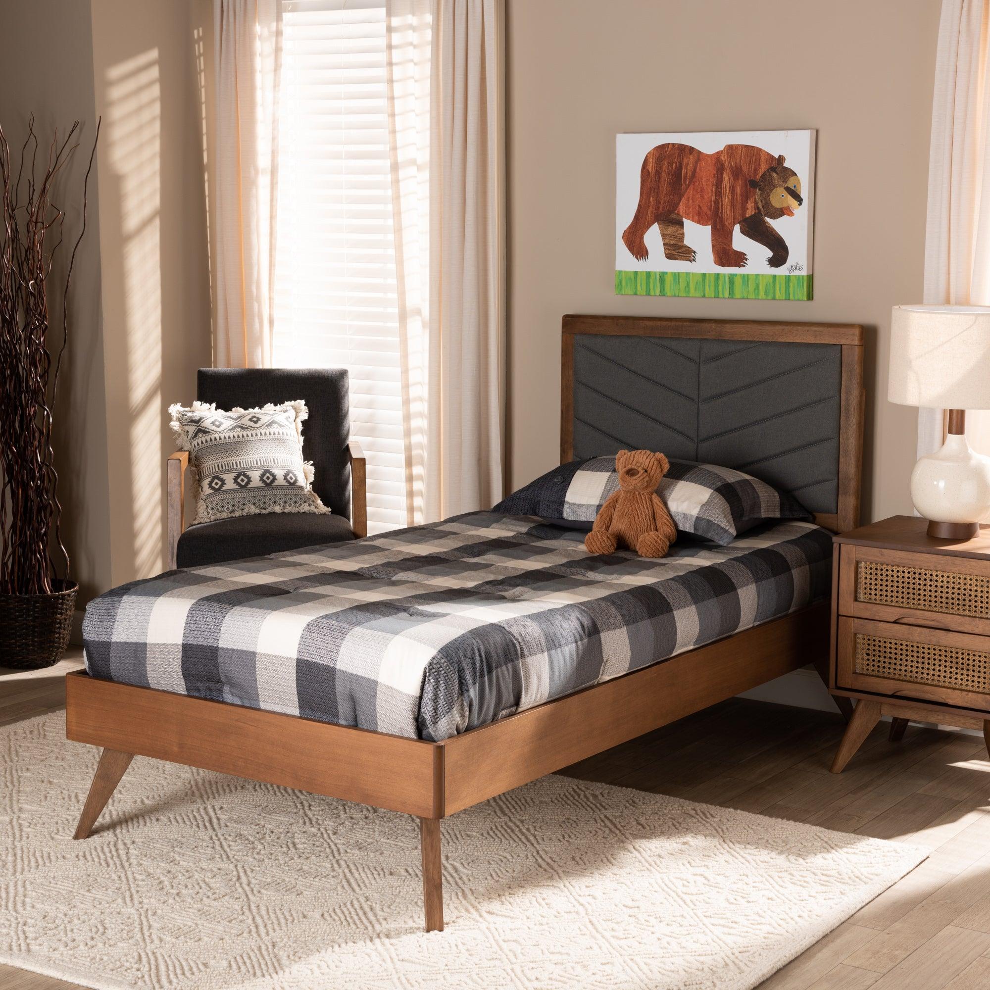 Roze Mid-Century Modern Dark Fabric Upholstered and brown Finished Wood Platform Bed