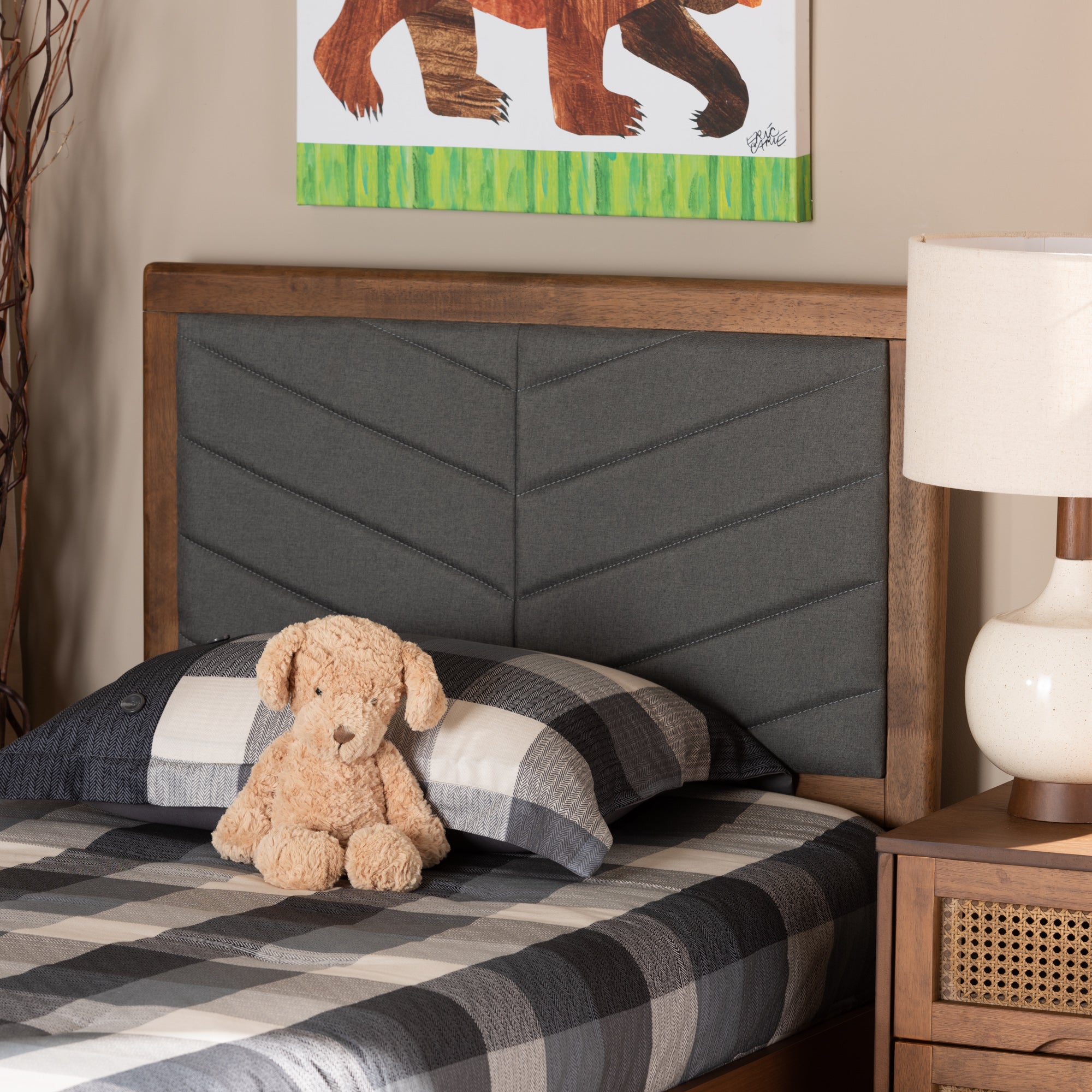Iden Modern and Contemporary Fabric Upholstered and Finished Wood Headboard