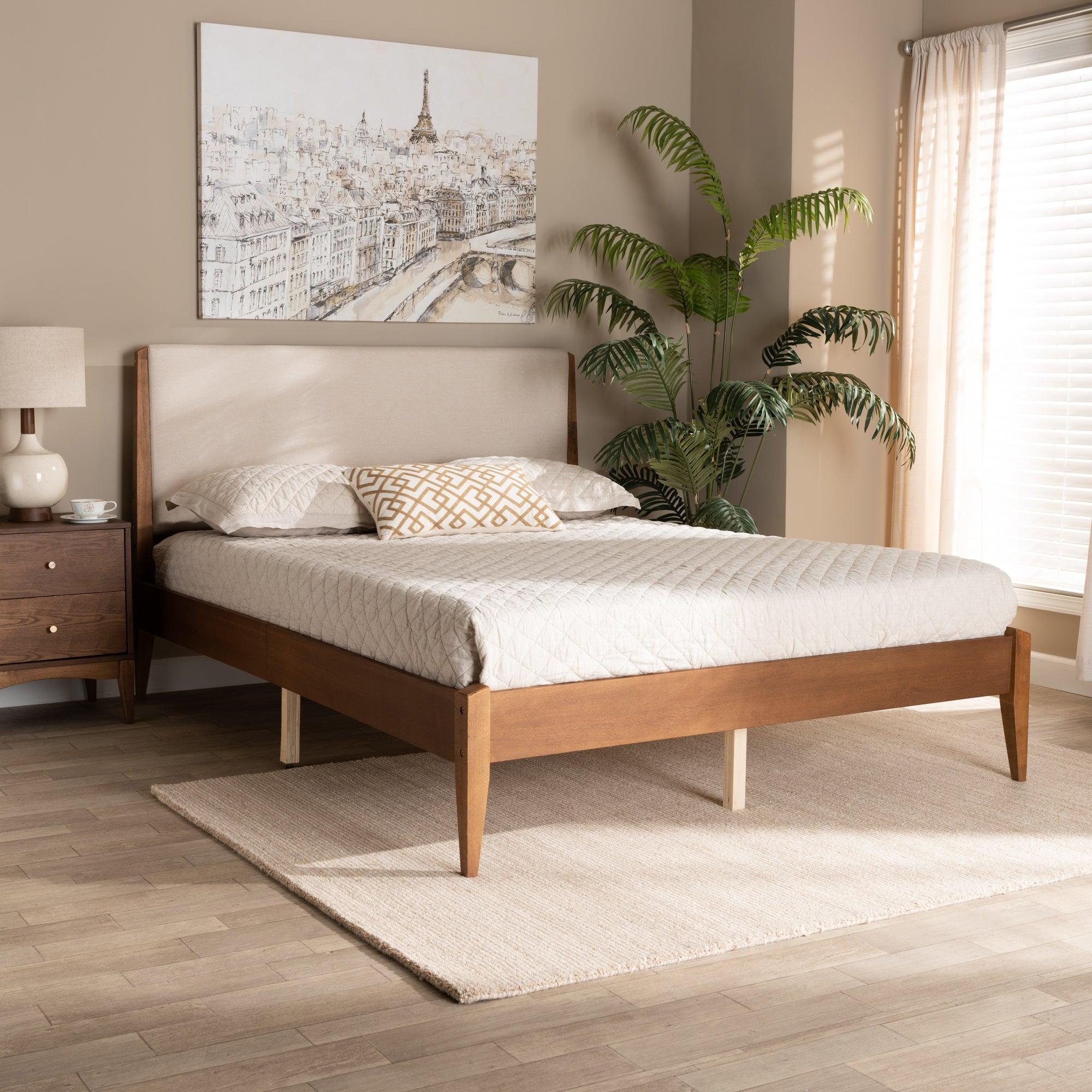 Lenora Mid-Century Modern Fabric Upholstered and Finished Wood Platform Bed