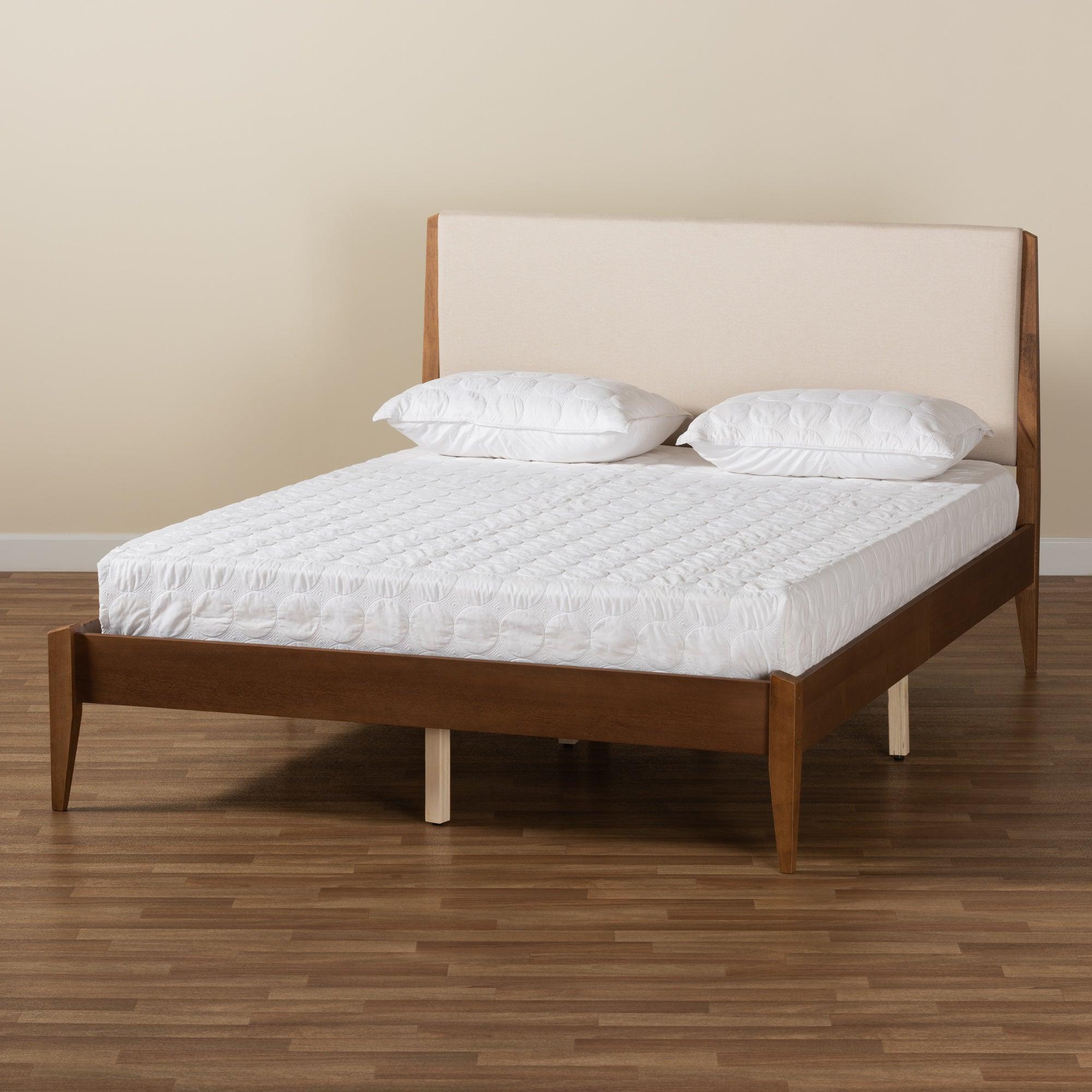 Lenora Mid-Century Modern Fabric Upholstered and Finished Wood Platform Bed