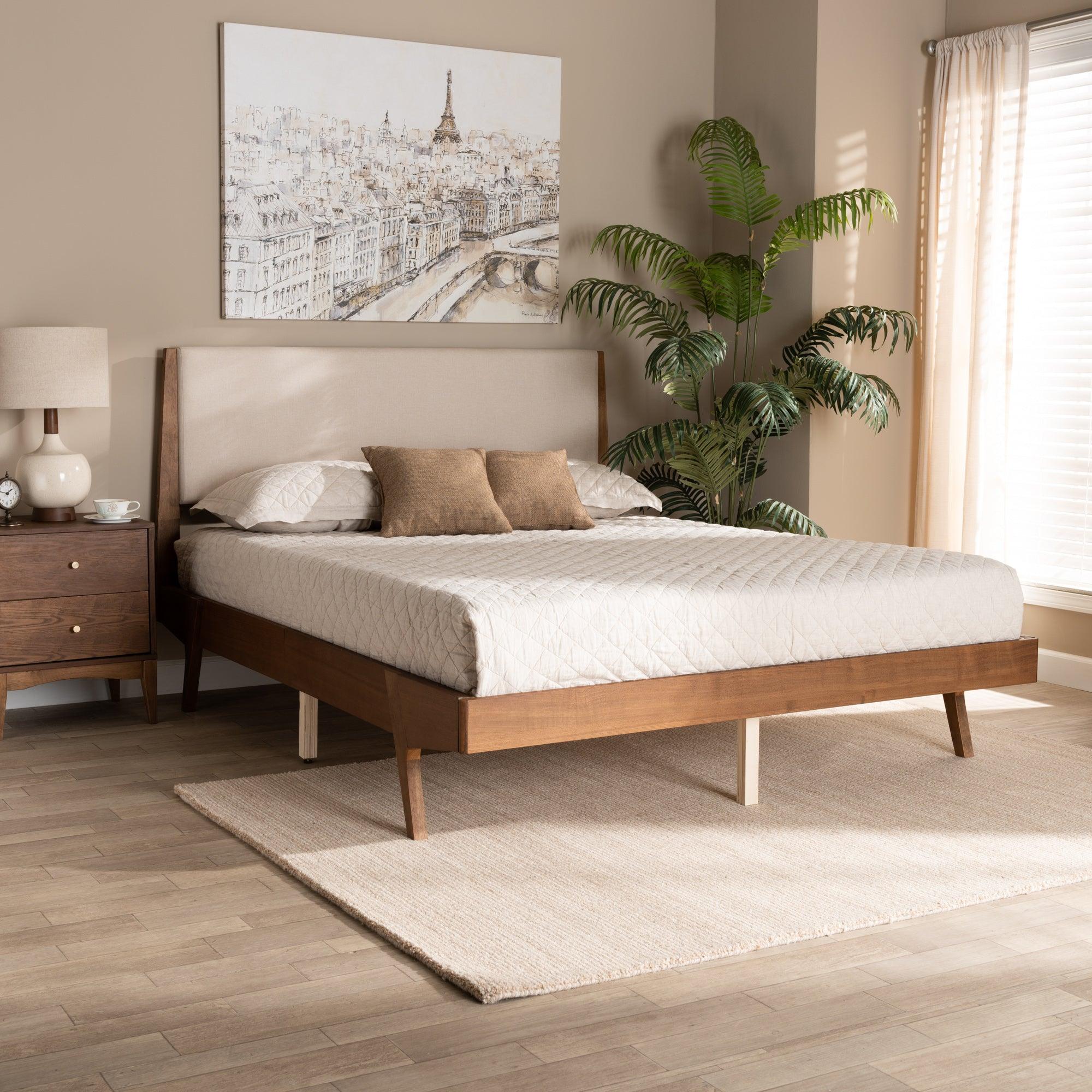 Senna Mid-Century Modern Fabric Upholstered and Finished Wood Platform Bed