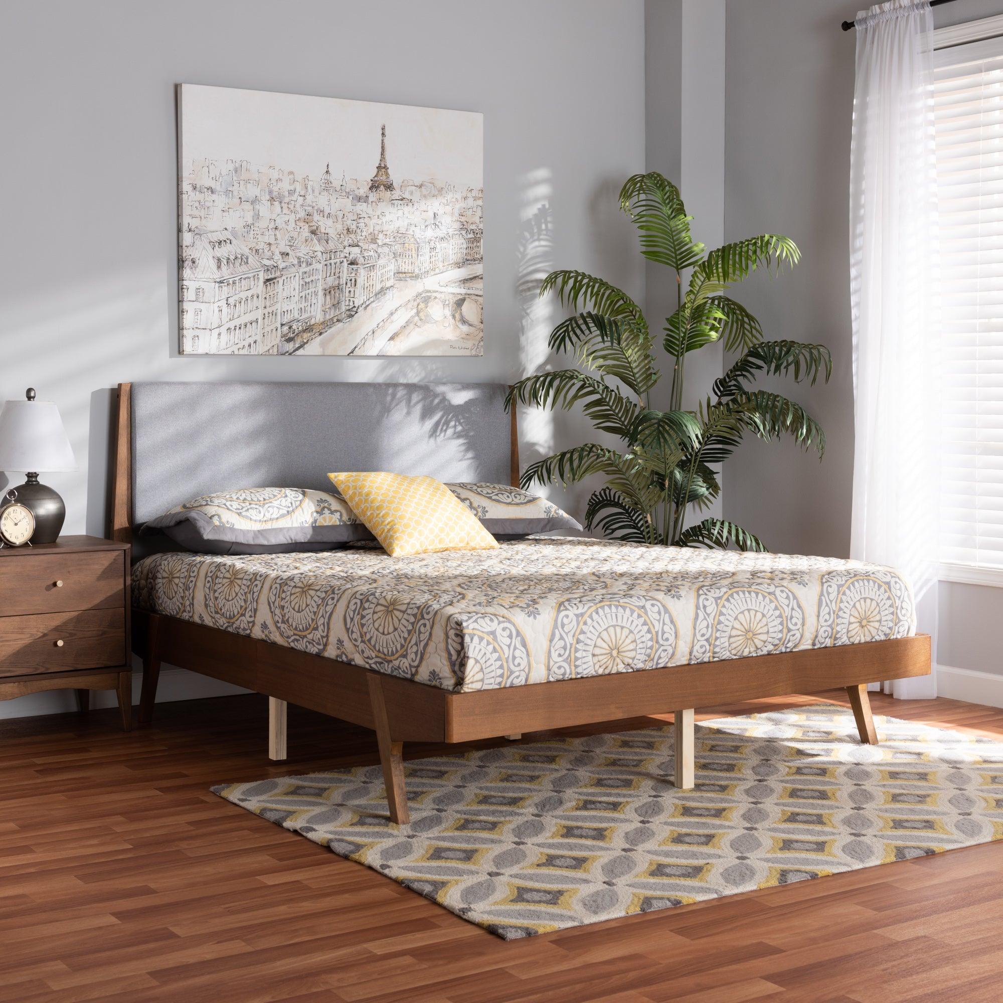 Senna Mid-Century Modern Fabric Upholstered and Finished Wood Platform Bed