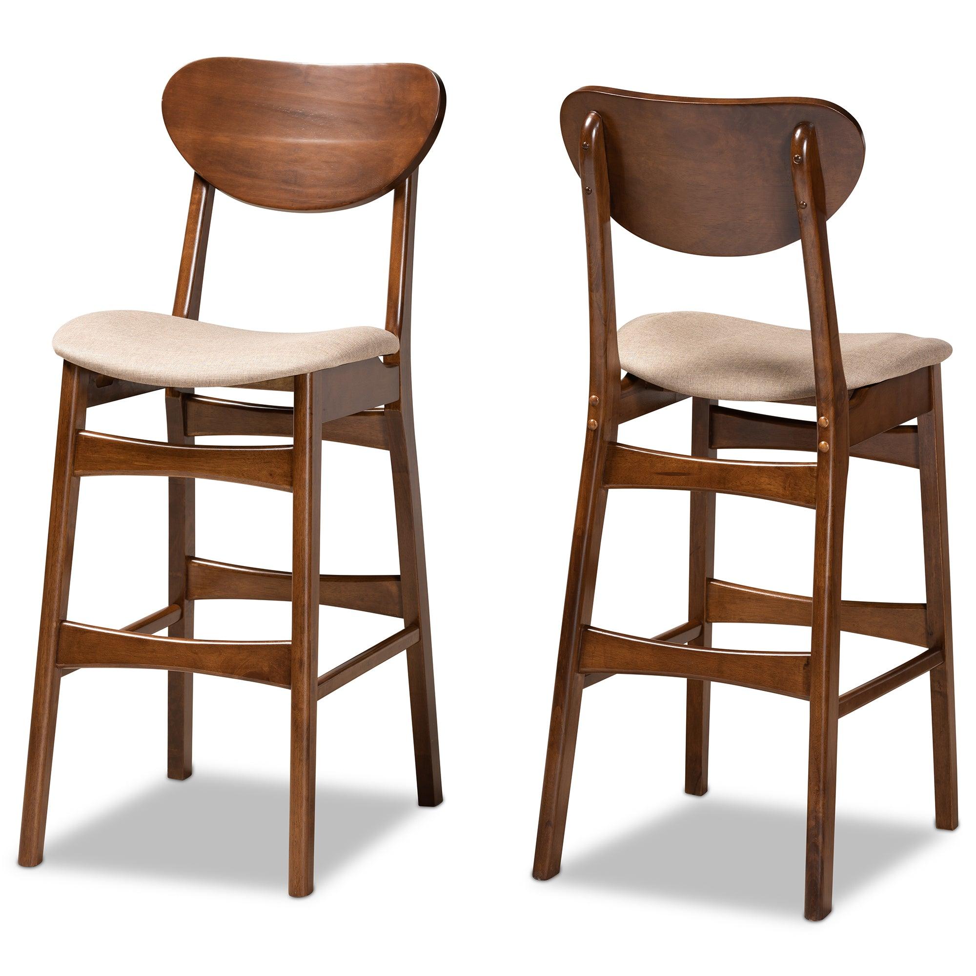 Katya Mid-Century Modern Sand Fabric Upholstered and Finished Wood 2-Piece Bar Stool Set