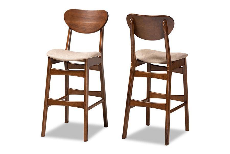 Katya Mid-Century Modern Sand Fabric Upholstered and Finished Wood 2-Piece Bar Stool Set