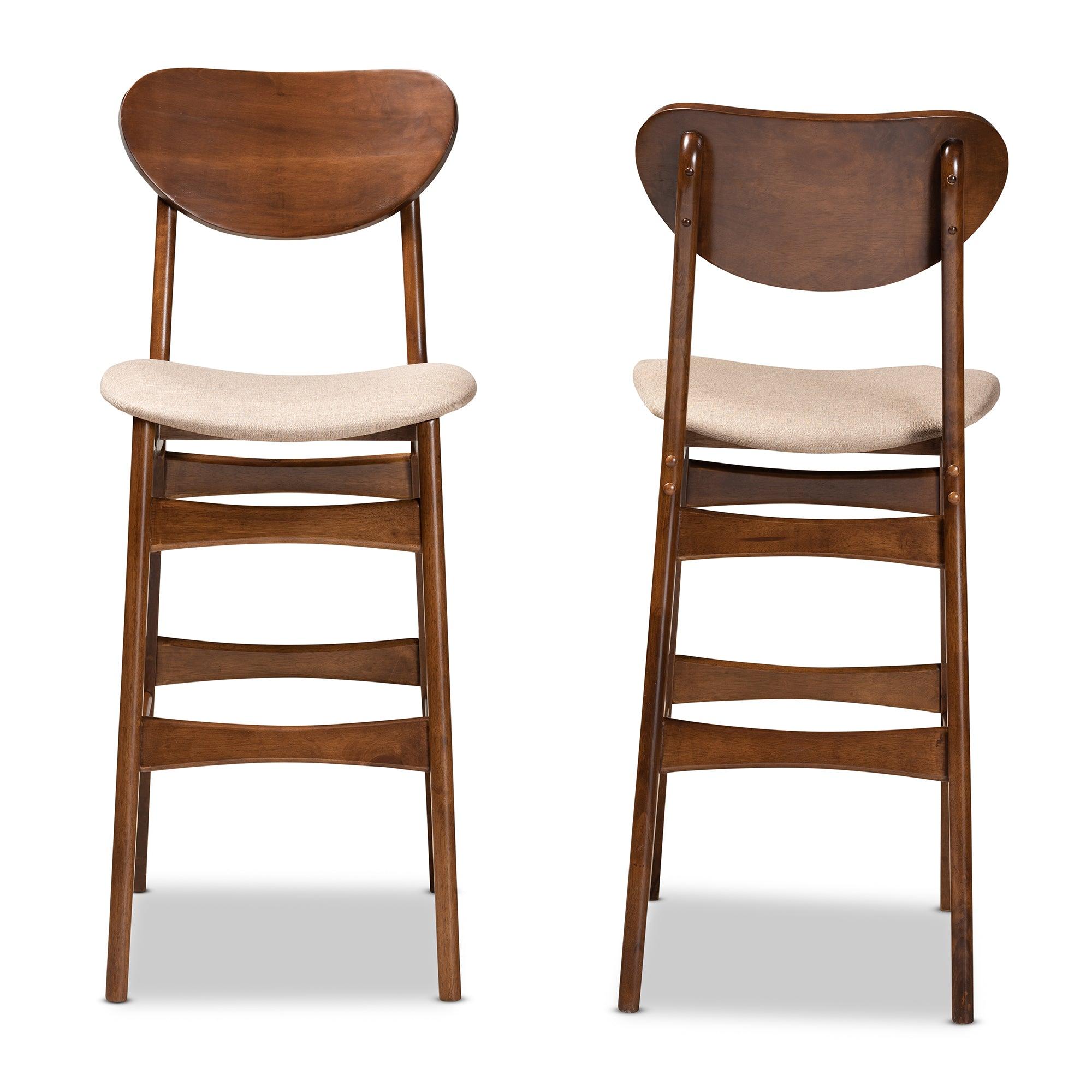 Katya Mid-Century Modern Sand Fabric Upholstered and Finished Wood 2-Piece Bar Stool Set