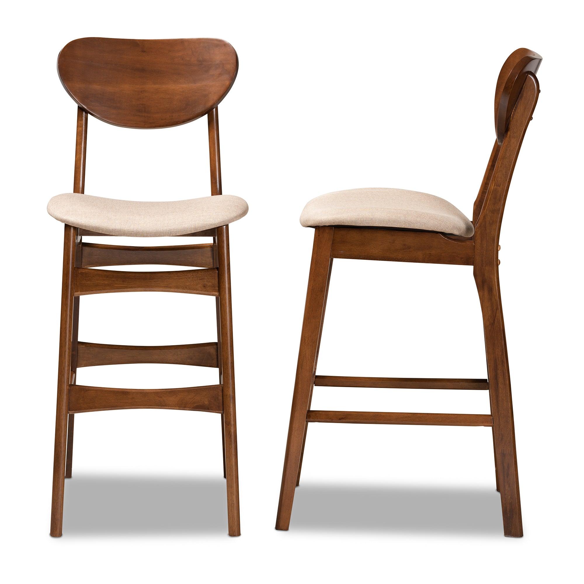 Katya Mid-Century Modern Sand Fabric Upholstered and Finished Wood 2-Piece Bar Stool Set