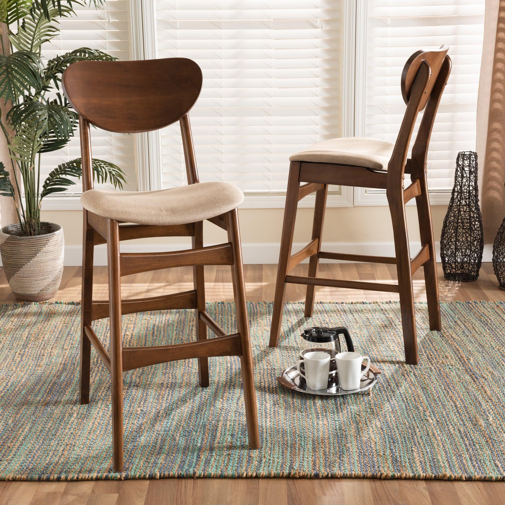 Katya Mid-Century Modern Sand Fabric Upholstered and Finished Wood 2-Piece Bar Stool Set