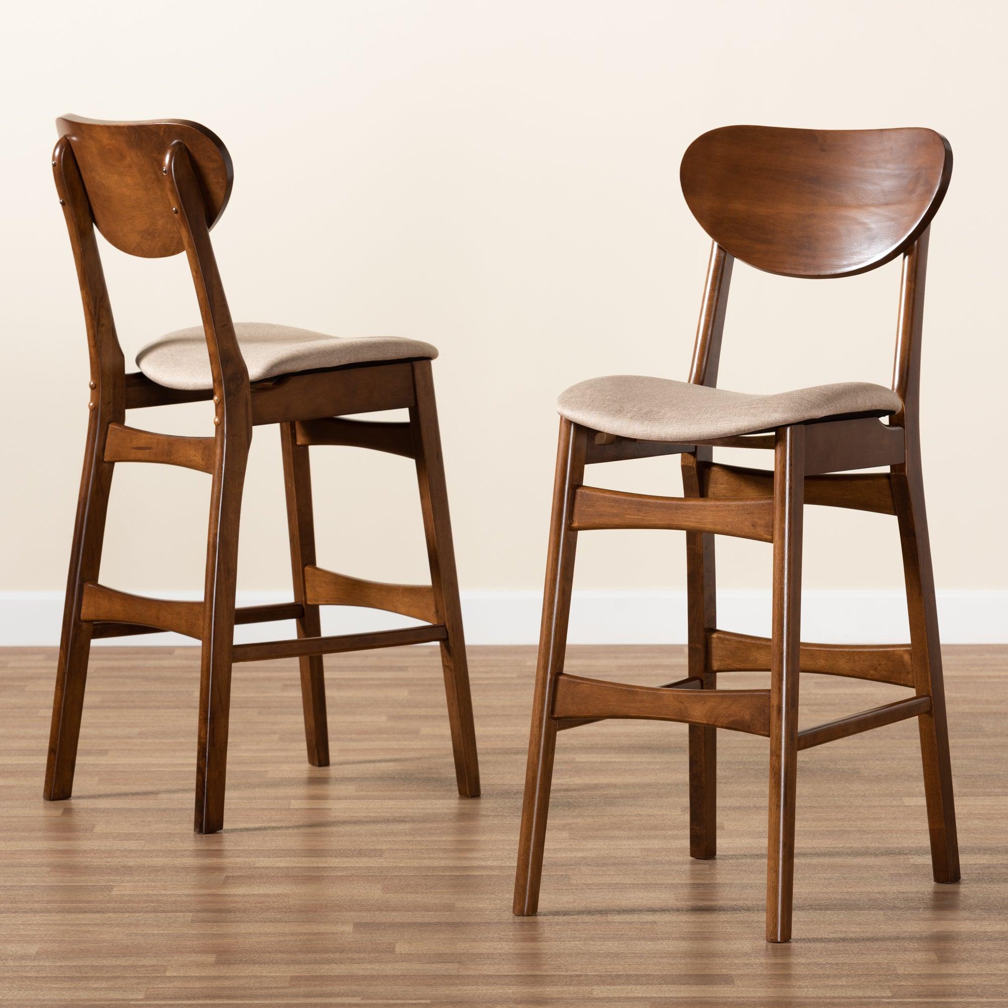 Katya Mid-Century Modern Sand Fabric Upholstered and Finished Wood 2-Piece Bar Stool Set