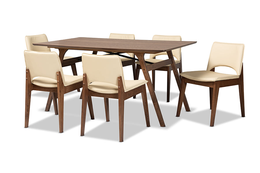 Afton Mid-Century Modern Faux Leather Upholstered and Finished Wood 7-Piece Dining Set