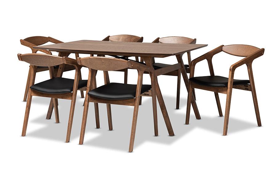 Harland Mid-Century Modern Faux Leather Upholstered and Finished Wood 7-Piece Dining Set