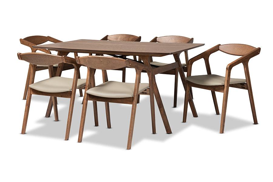 Harland Mid-Century Modern Faux Leather Upholstered and Finished Wood 7-Piece Dining Set