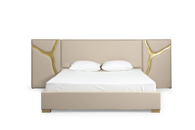 Modrest Aspen - Glam Beige Bonded Leather & Gold Bed-Bed-VIG-Wall2Wall Furnishings