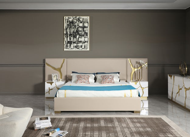 Modrest Aspen - Glam Beige Bonded Leather & Gold Bed-Bed-VIG-Wall2Wall Furnishings