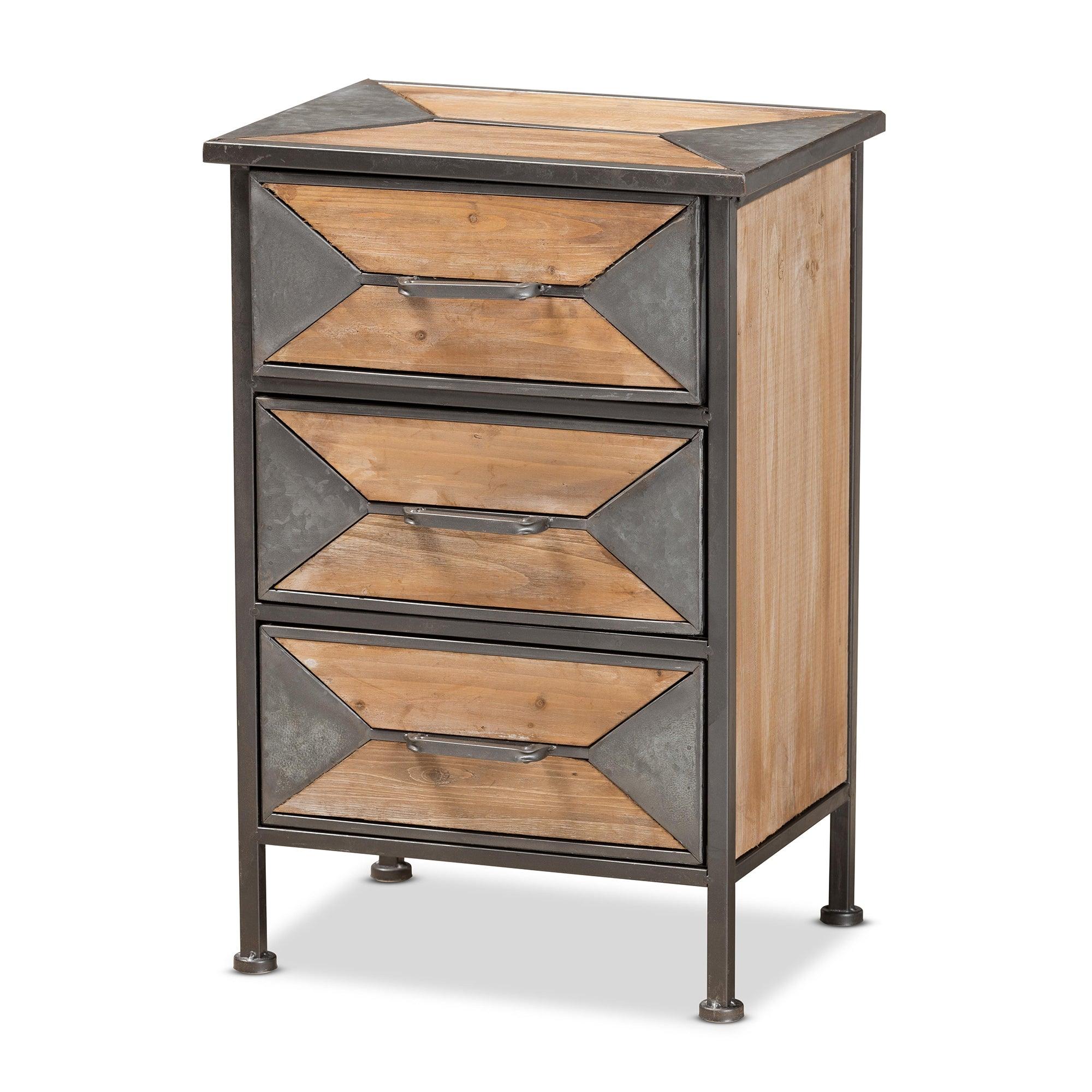 Laurel Rustic Industrial Antique Finished Metal and washed Finished Wood 3-Drawer End Table