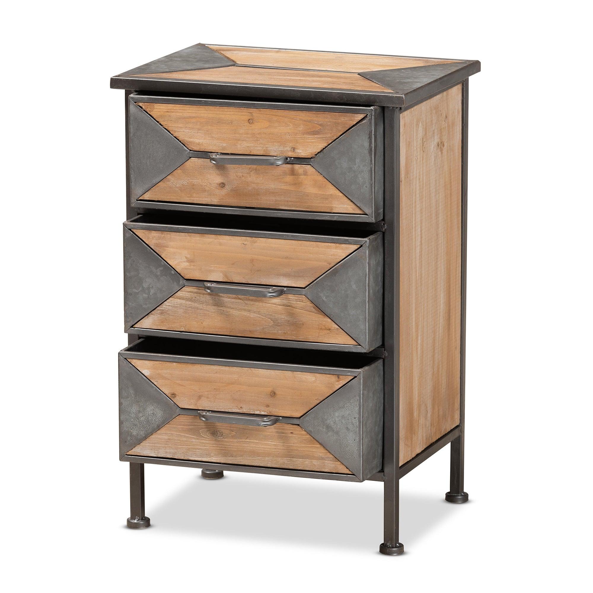 Laurel Rustic Industrial Antique Finished Metal and washed Finished Wood 3-Drawer End Table