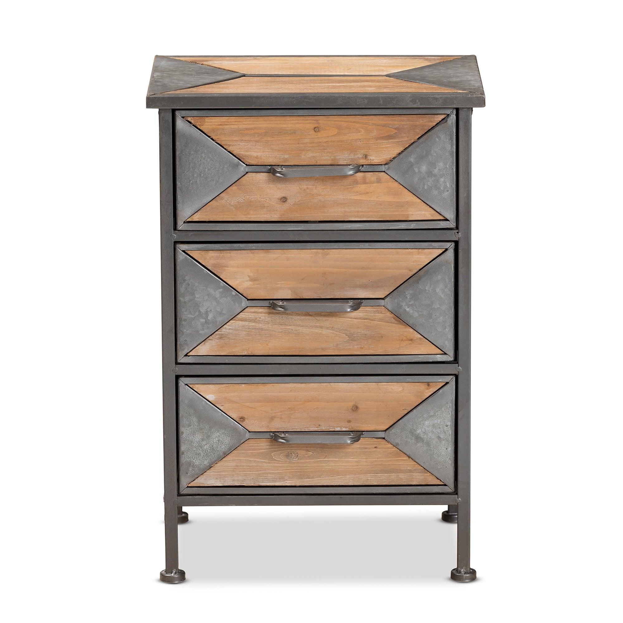Laurel Rustic Industrial Antique Finished Metal and washed Finished Wood 3-Drawer End Table