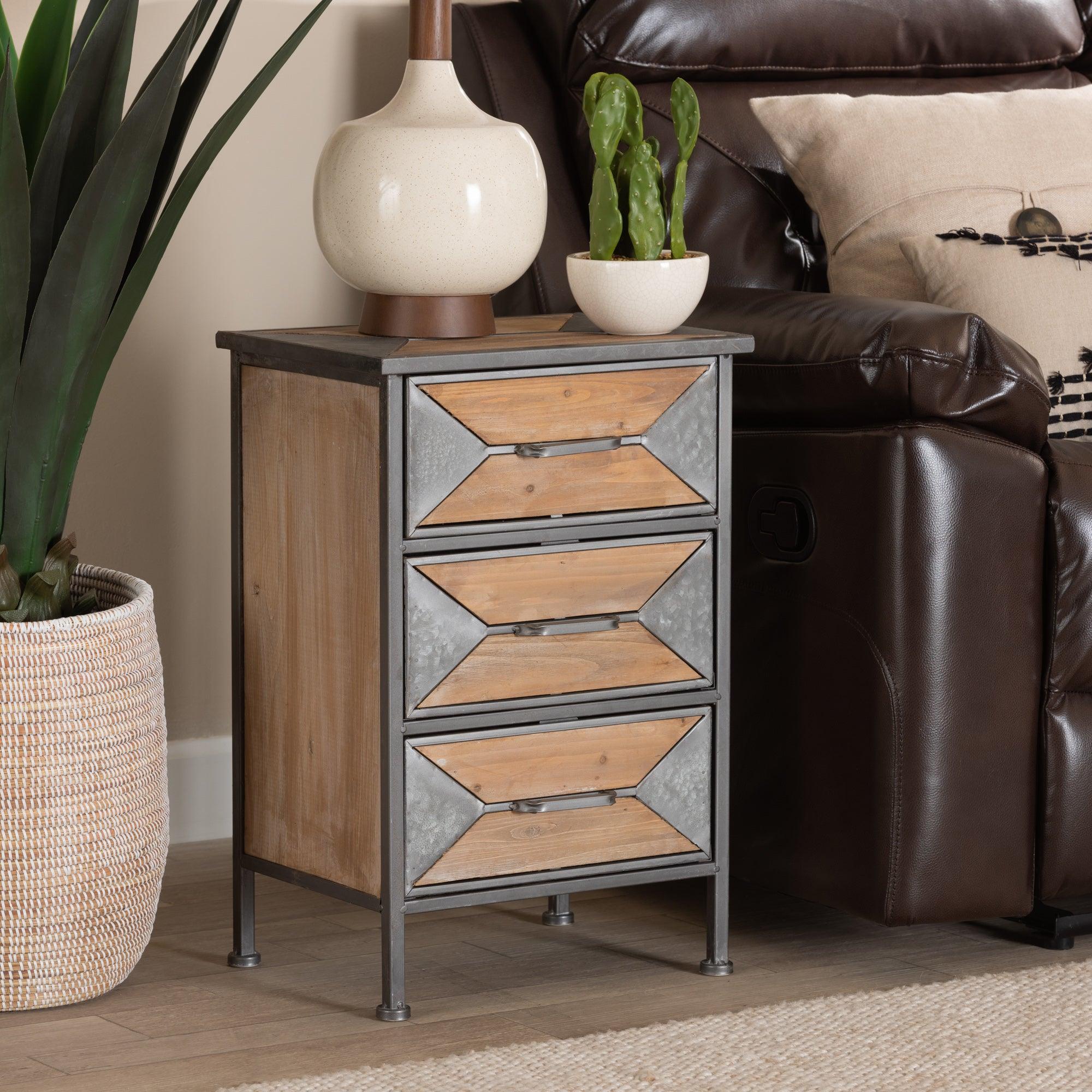 Laurel Rustic Industrial Antique Finished Metal and washed Finished Wood 3-Drawer End Table