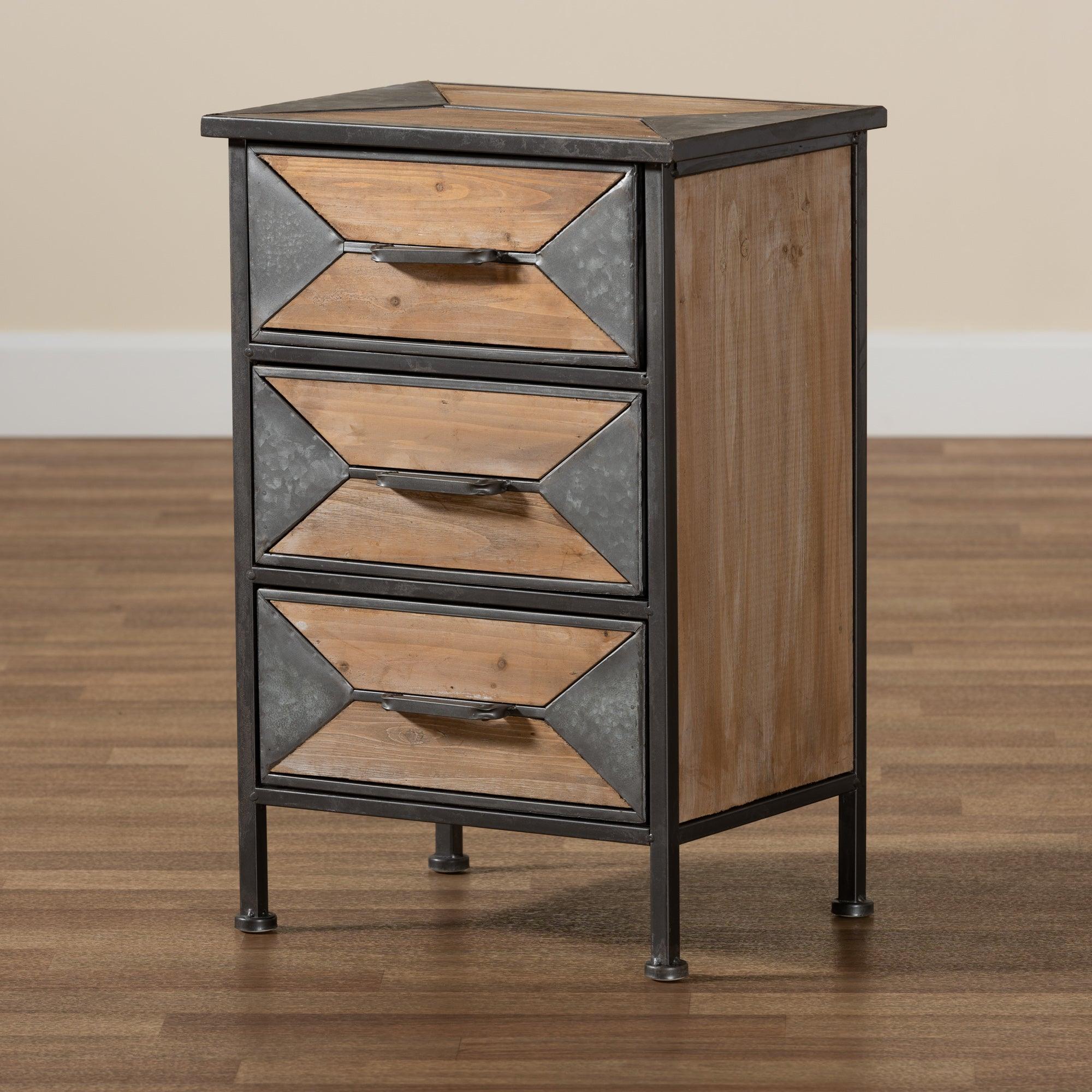 Laurel Rustic Industrial Antique Finished Metal and washed Finished Wood 3-Drawer End Table