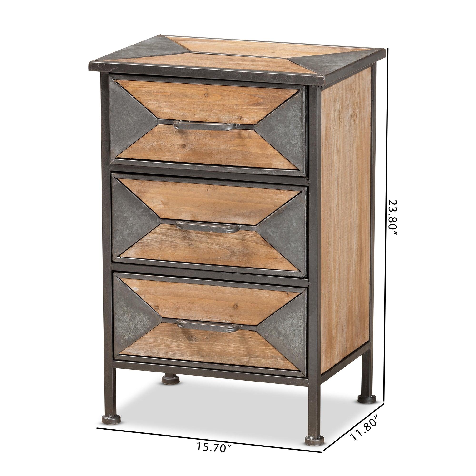 Laurel Rustic Industrial Antique Finished Metal and washed Finished Wood 3-Drawer End Table