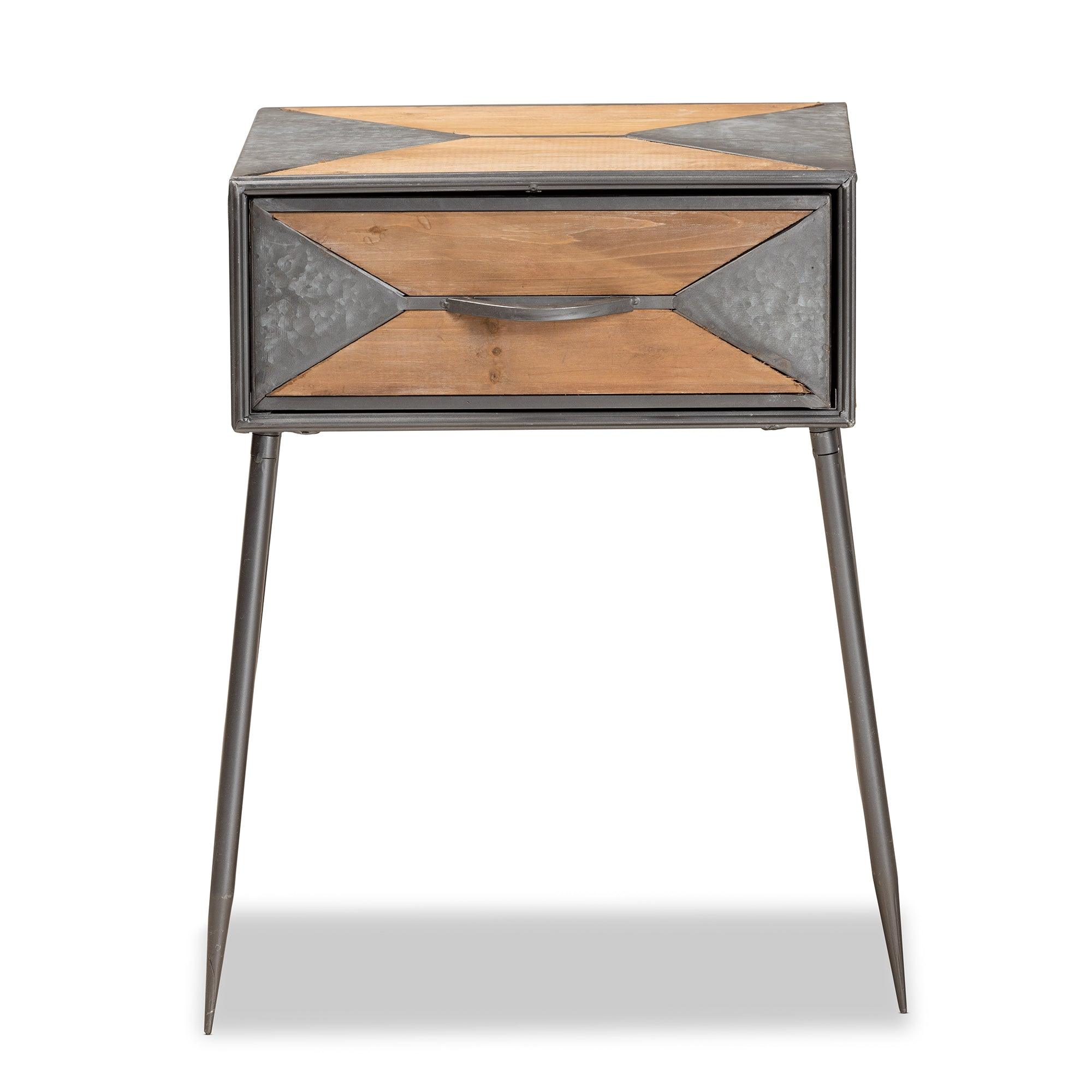 Laurel Rustic Industrial Antique Finished Metal and washed Finished Wood 1-Drawer End Table